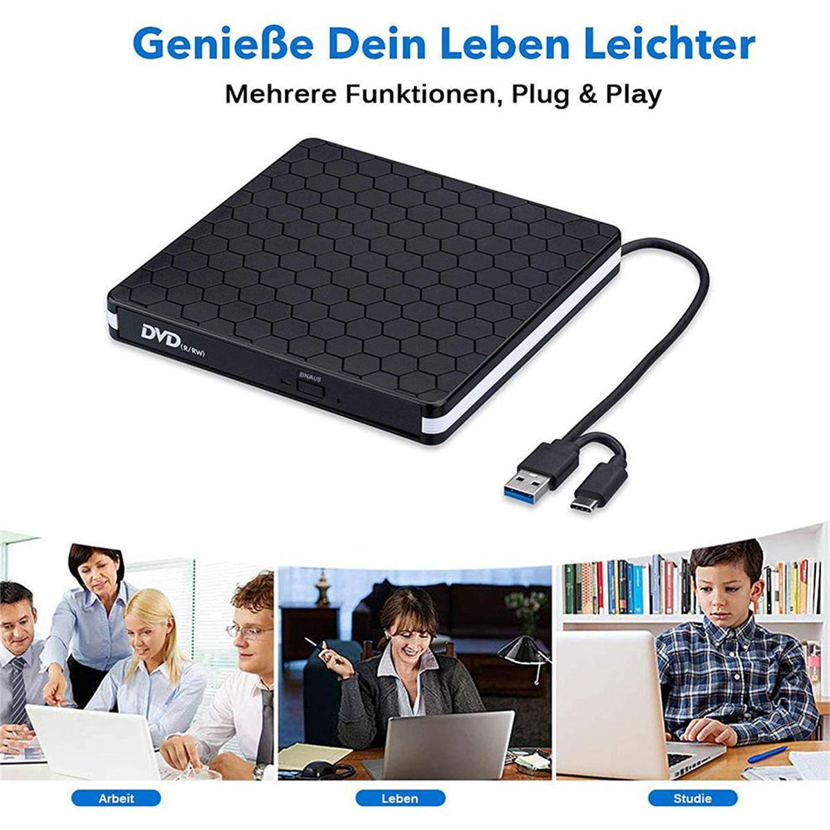 DVD-Brenner mit USB-Kabel, mit Bildern von Menschen, die mit Laptops arbeiten und lernen.