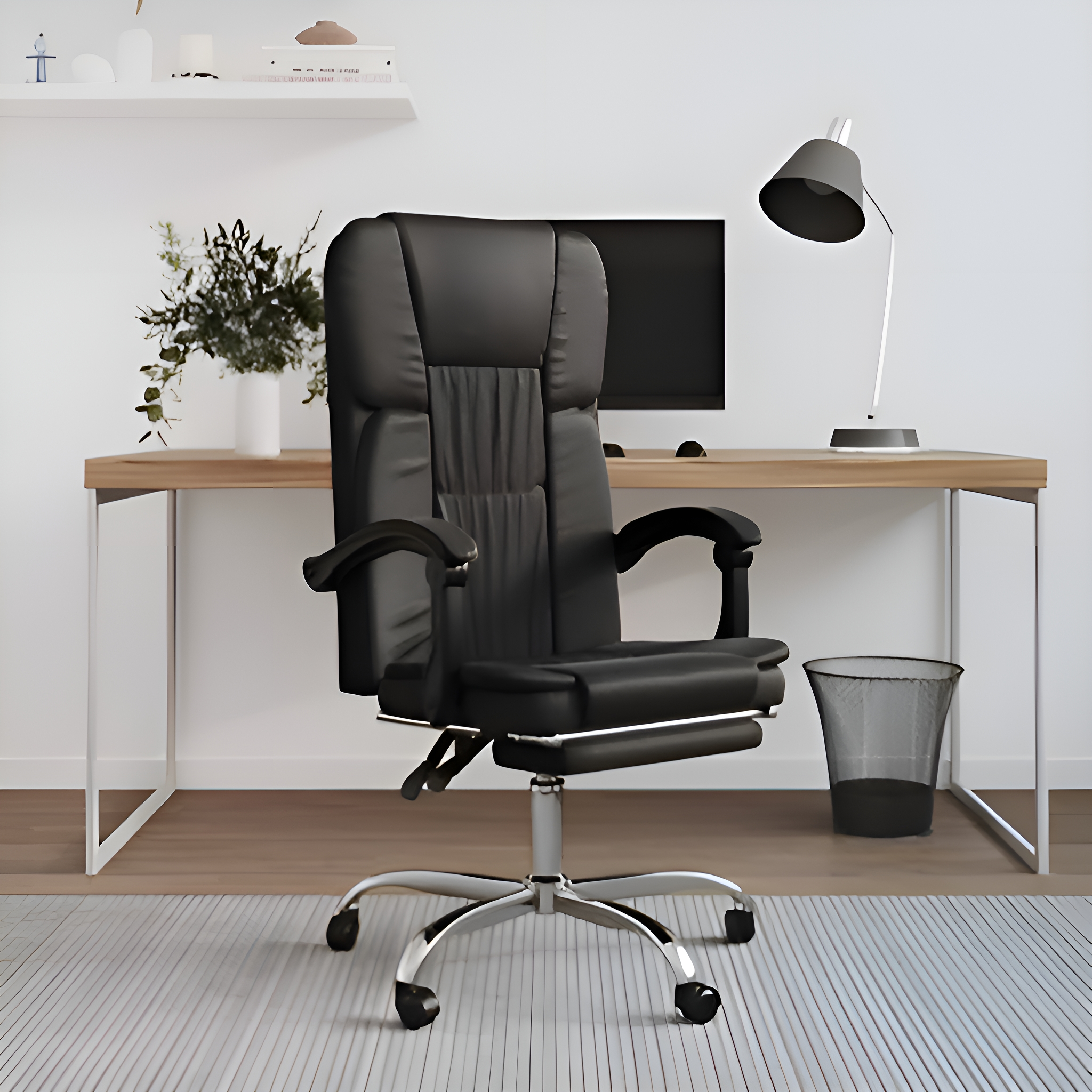 Schwarzer Bürostuhl mit schwarzem Schreibtisch, Lampe und Pflanze in weißem Raum, mit schwarzem Mülleimer.