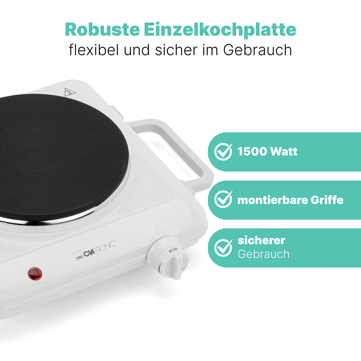 Biała pojedyncza płyta grzewcza z czarną powierzchnią, pokrętłem i etykietami tekstowymi.