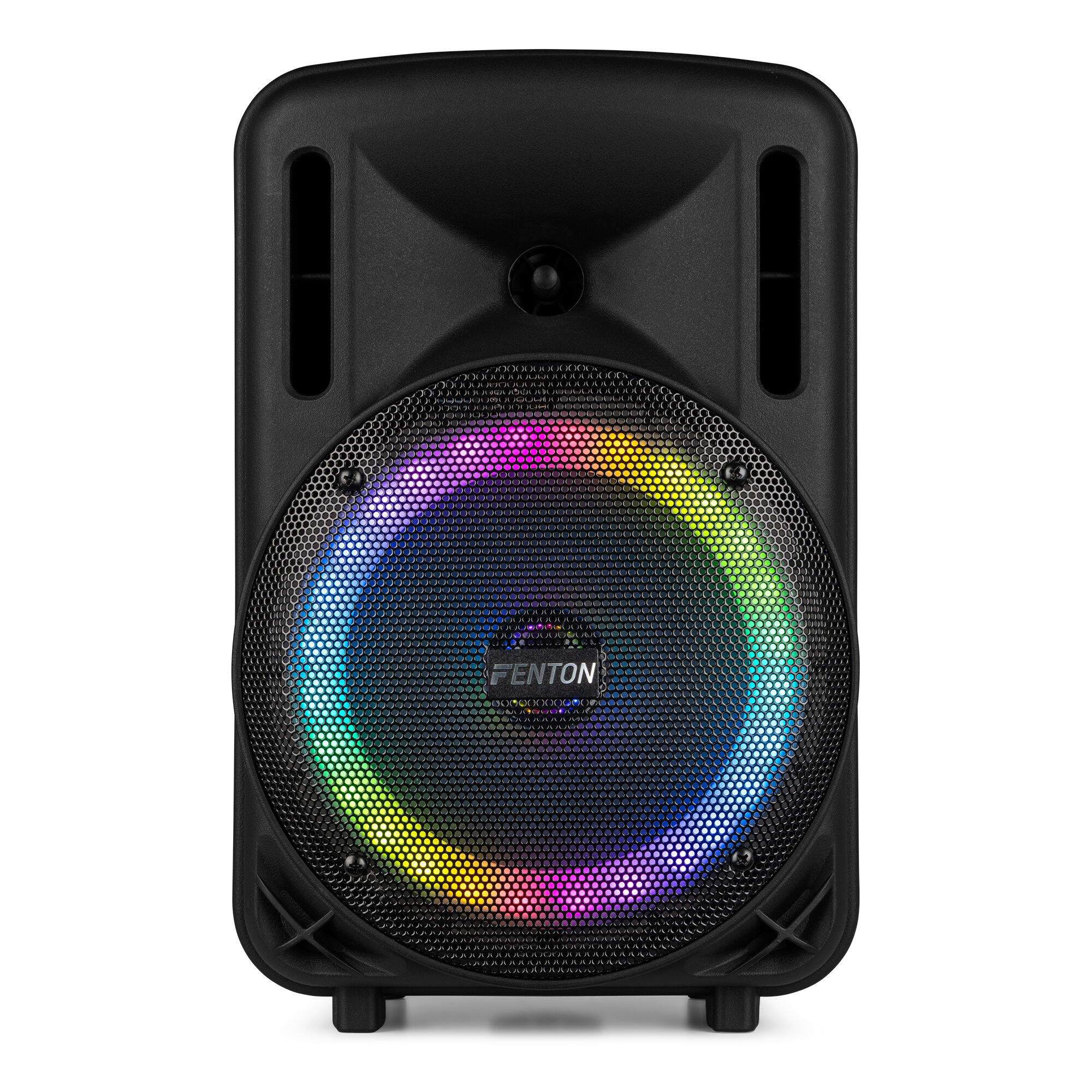 Un altavoz negro con un anillo de luz colorido alrededor de la rejilla del altavoz, aislado sobre blanco.