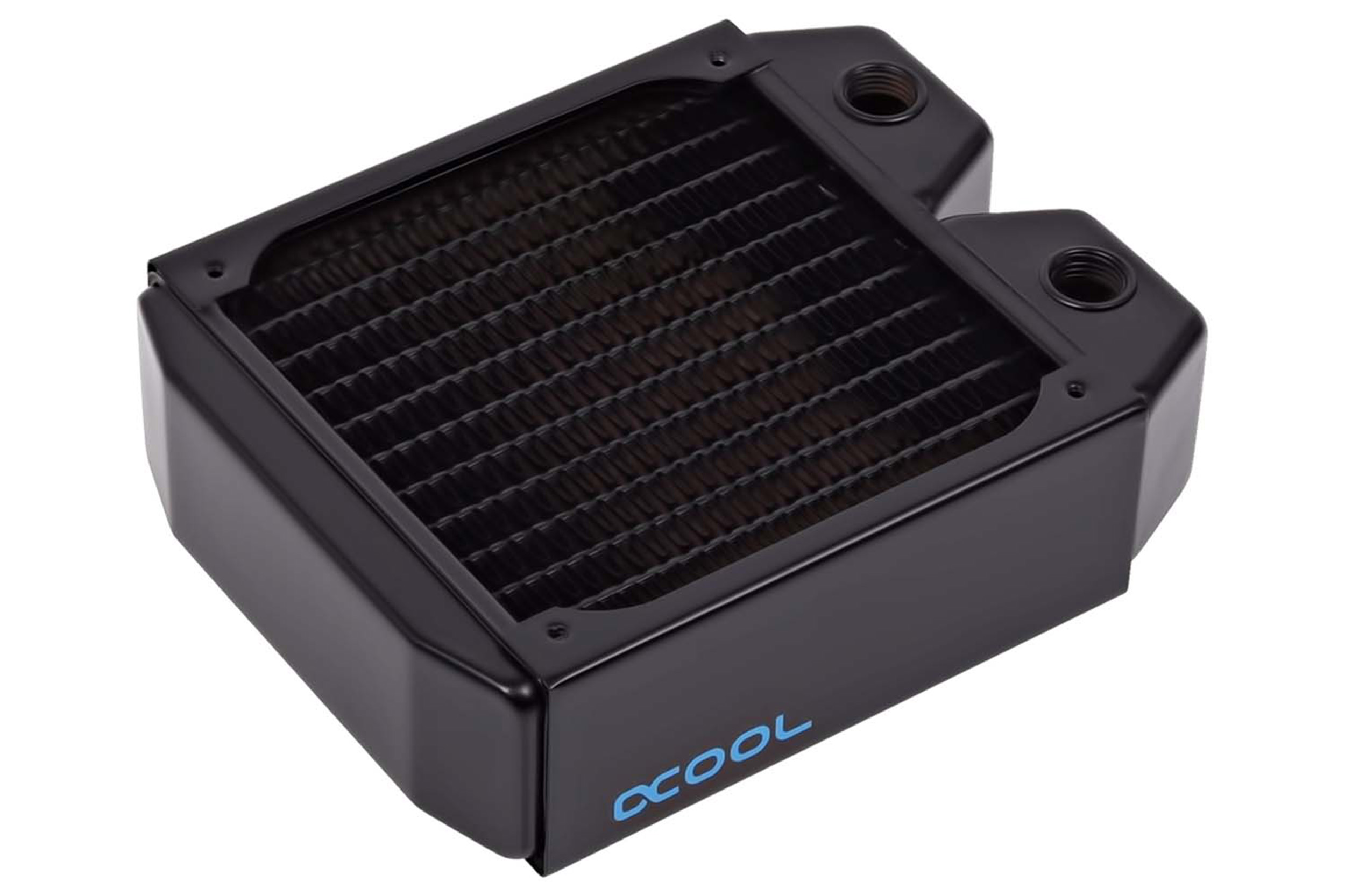 Schwarzer PC-Wasserkühlungsradiator mit Kühlrippen und zwei Anschlüssen.