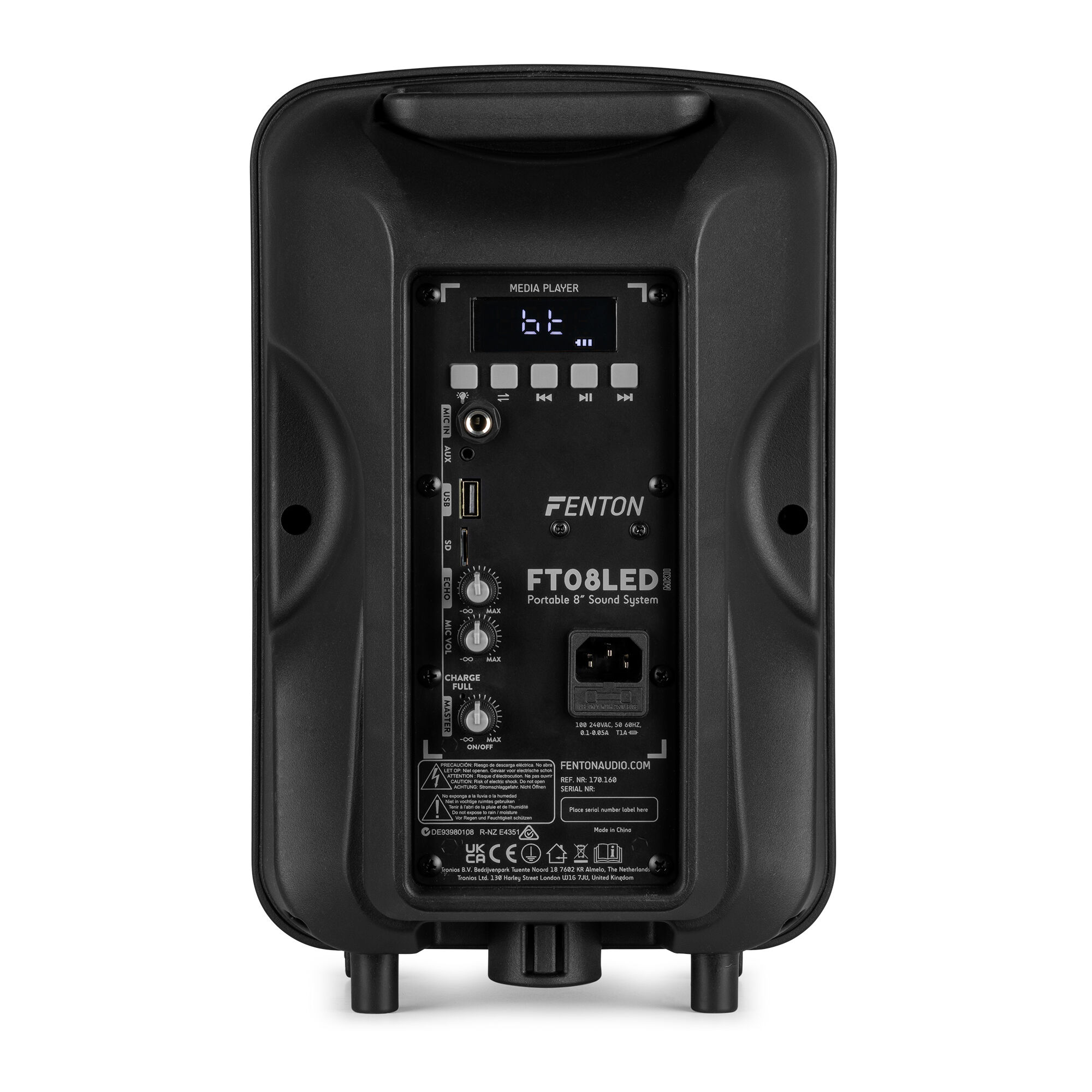 Parte trasera de altavoz negro con controles. Etiquetas: Media Player, botones, Fenton FT06LED y puertos de conexión.