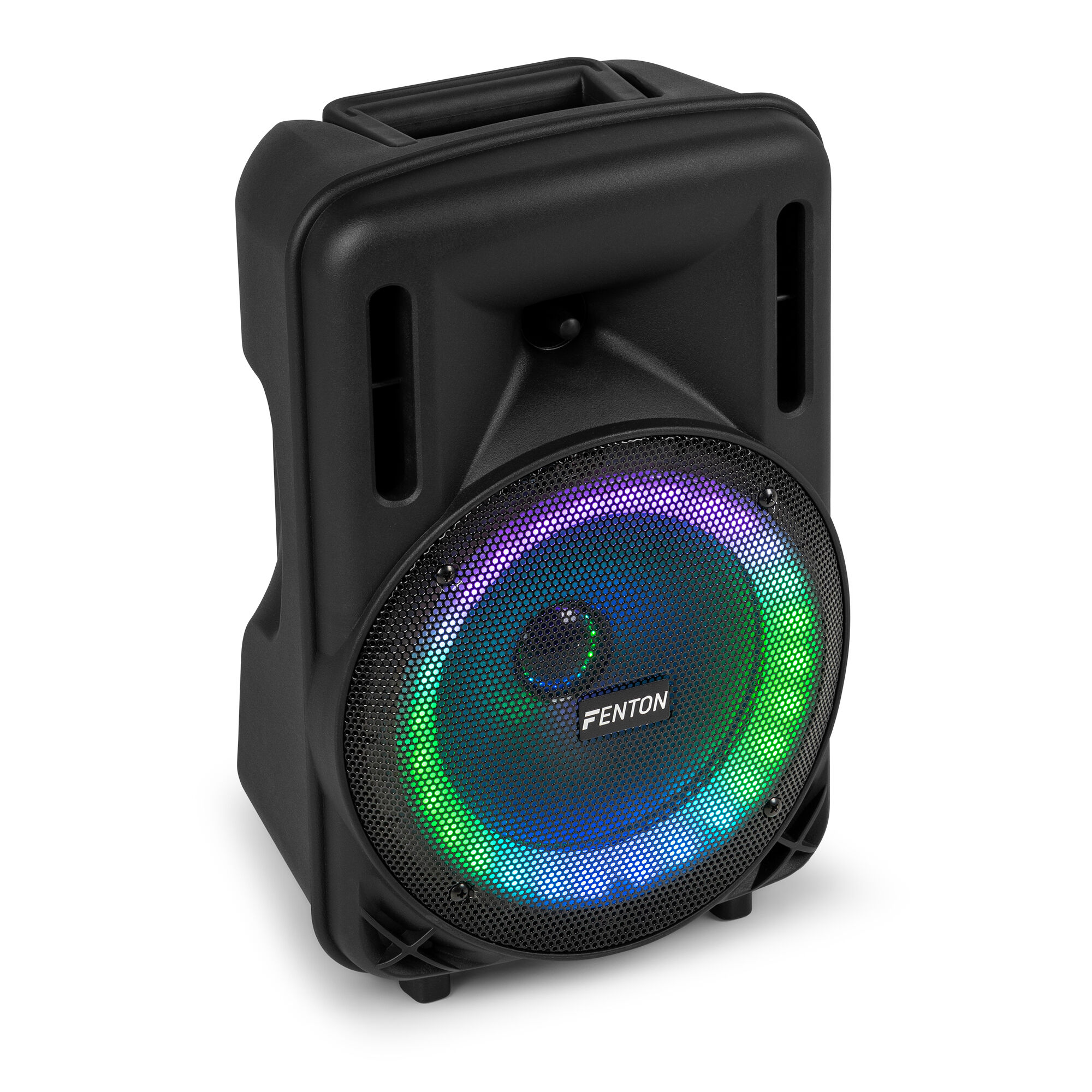 Altavoz negro con luces brillantes de colores alrededor del altavoz.