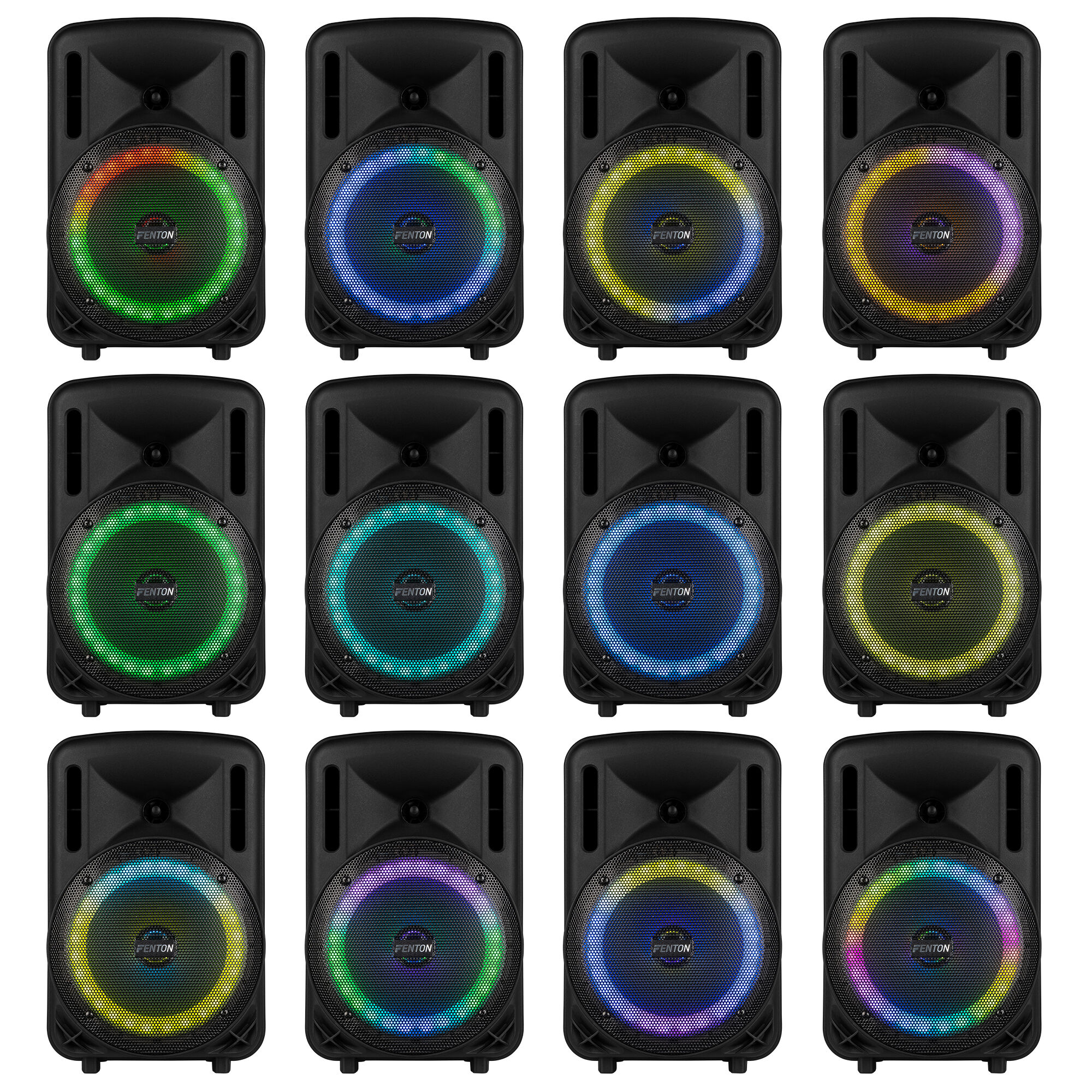 Múltiples altavoces negros con luces LED de colores. Cada altavoz tiene un color de luz diferente.