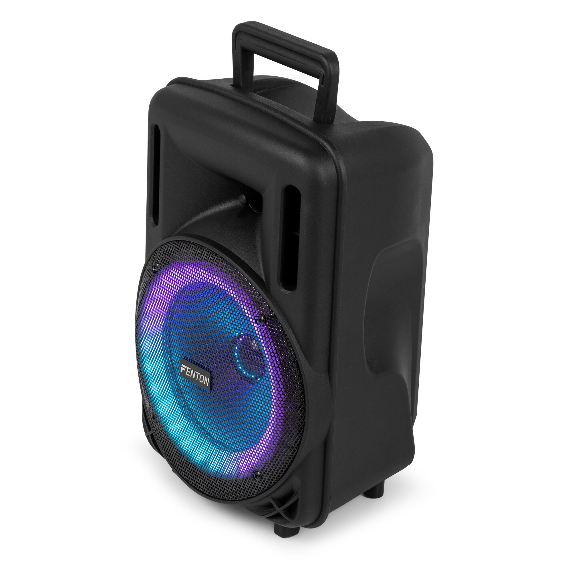Altavoz negro con una rejilla de altavoz iluminada. La rejilla tiene luces azules y moradas.