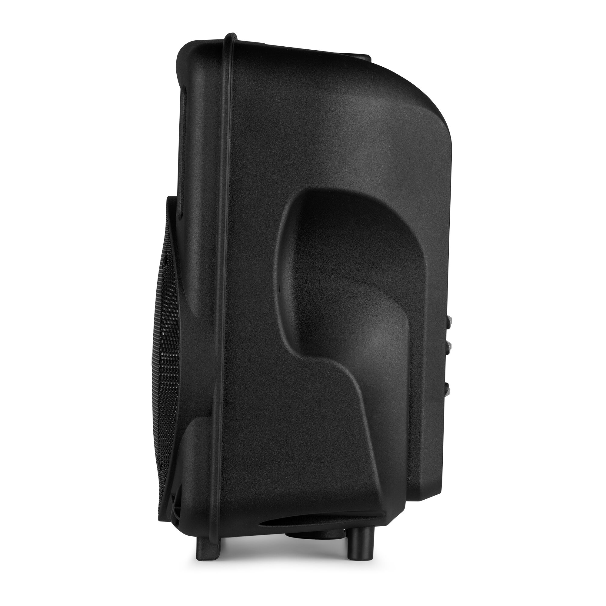 Altavoz negro, vista lateral, con rejilla y diseño lateral.