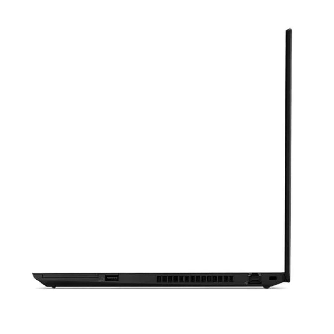 Schwarzer Laptop, Seitenansicht. Der Bildschirm ist geschlossen. Der Laptop befindet sich auf weißem Hintergrund.