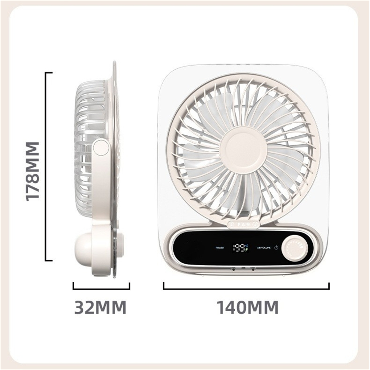 Weißer Ventilator mit Abmessungen: 178mm x 140mm x 32mm.