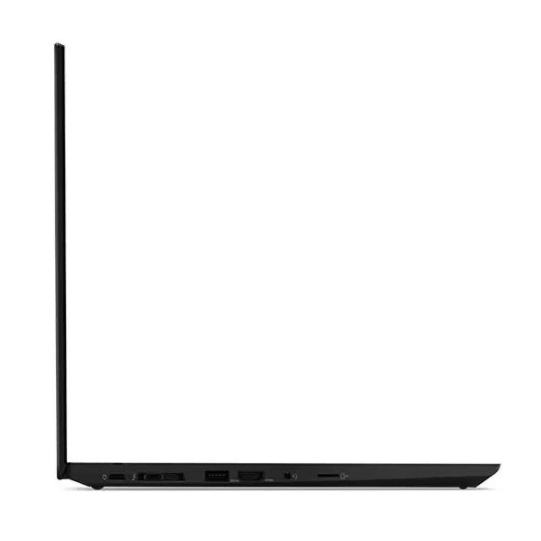 Seitenansicht eines Laptops, schwarz, geschlossen, auf weißem Hintergrund. Anschlüsse sind sichtbar.