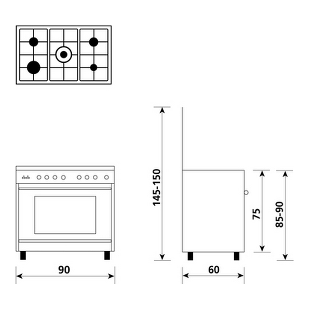 Diagramma di forno e piano cottura, mostra le dimensioni in cm.