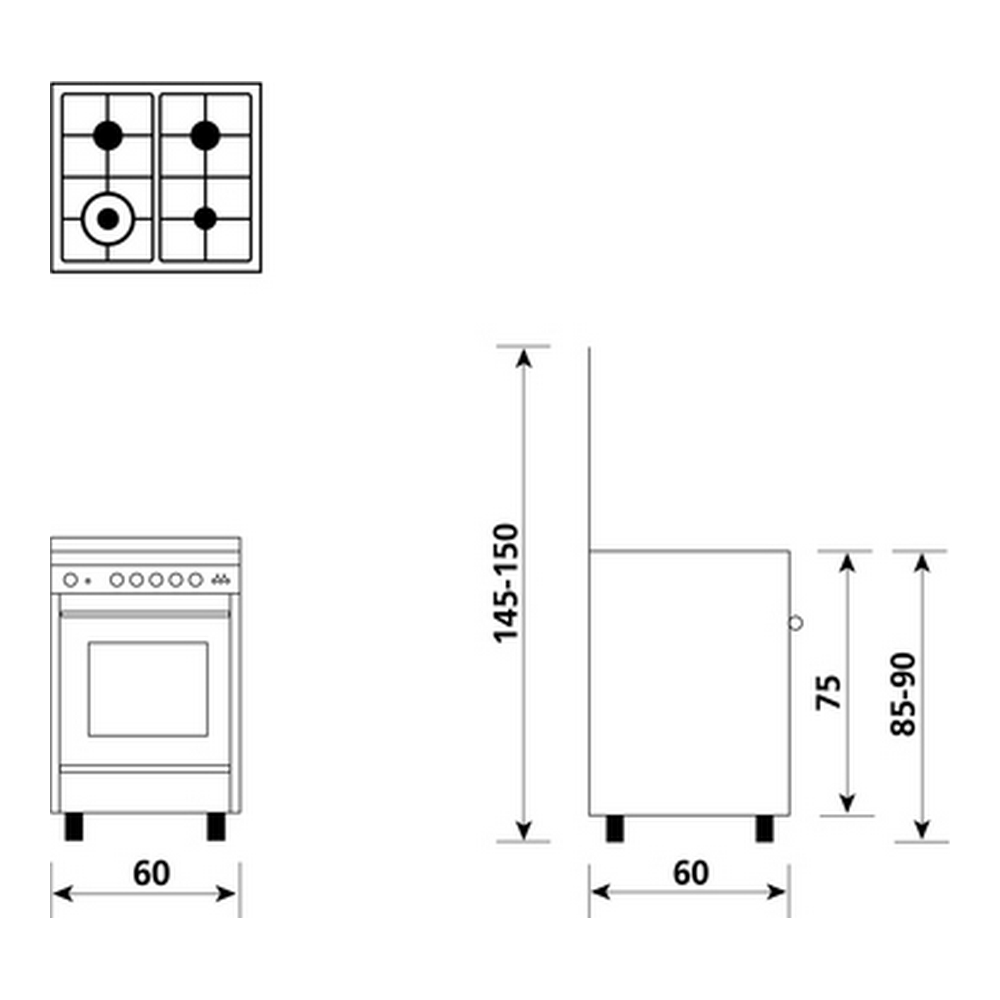 Schema di una cucina con fornelli, forno e armadio. Dimensioni in cm: 60, 75, 85-90 e 145-150.