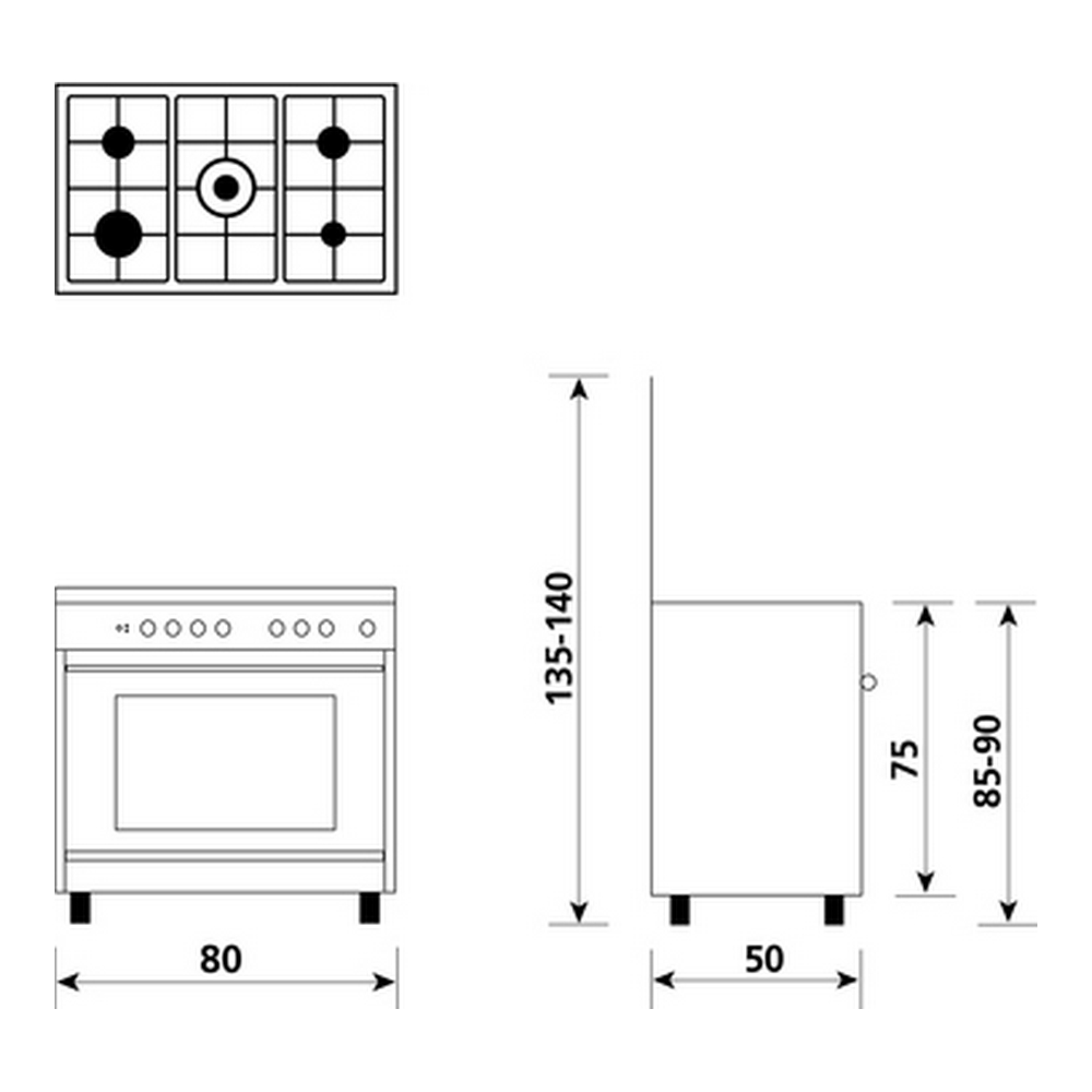 Schema di una stufa con dimensioni: 80 cm larghezza, 135-140 cm altezza e 50 cm profondità. Disposizione dei bruciatori mostrata.