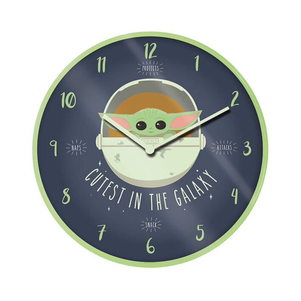 Grogu-Uhr. Grüner Rahmen, blaues Zifferblatt mit Grogu, Text: Cutest in the Galaxy.