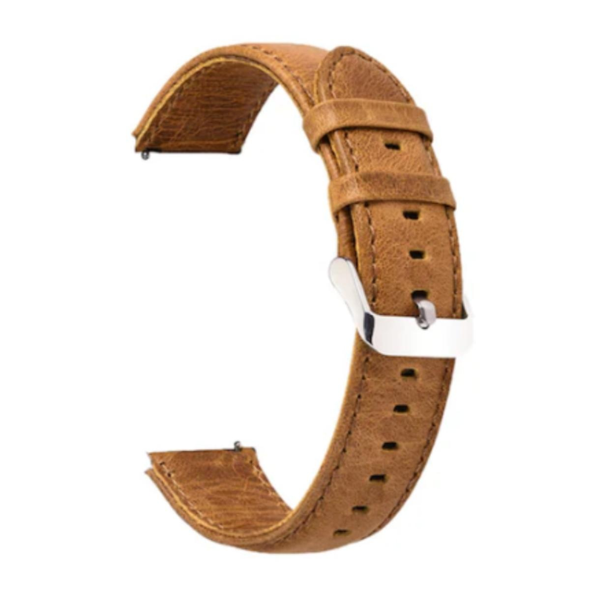 Ein braunes Leder-Armband mit silberner Schnalle, isoliert auf weißem Hintergrund. Das Armband ist gebogen.