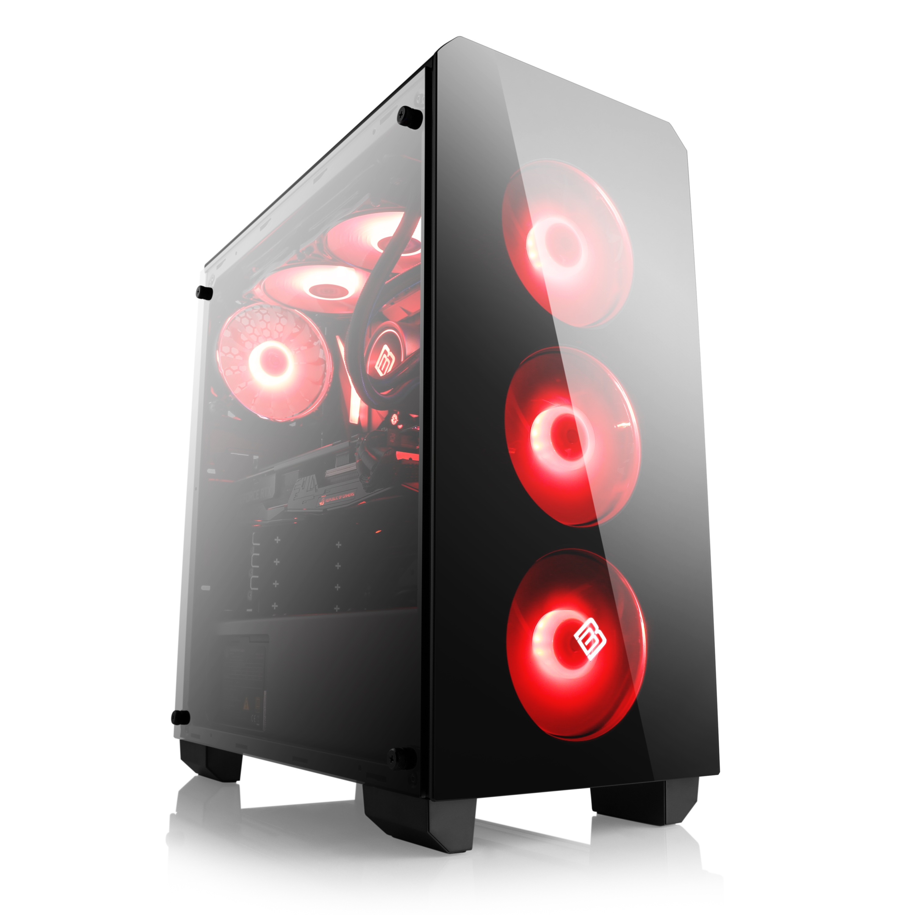 Schwarzes Computergehäuse mit Glas-Seitenwand. Rote Lüfter sichtbar. Weißer Hintergrund.