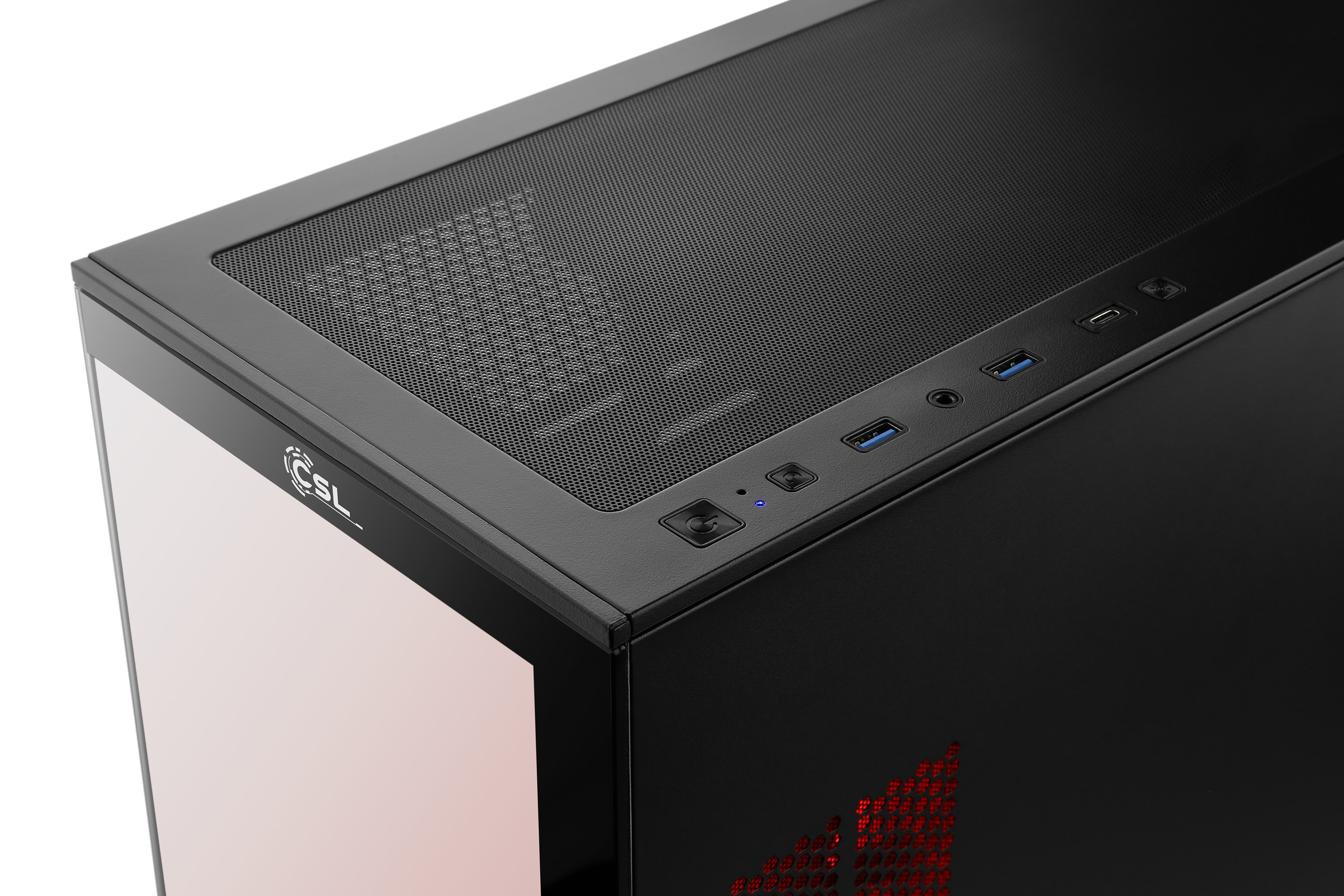 Nahaufnahme eines schwarzen Computergehäuses, das die obere Platte mit Anschlüssen und Frontdetails zeigt.