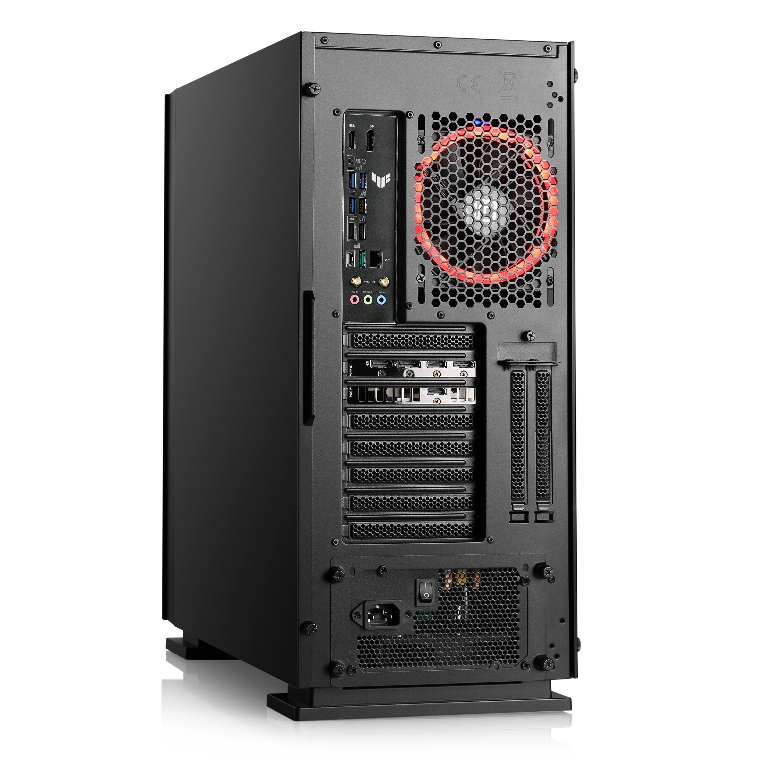 Schwarzes Computergehäuse hinten mit geöffneter Platte, Lüfter und mehreren sichtbaren Anschlüssen.