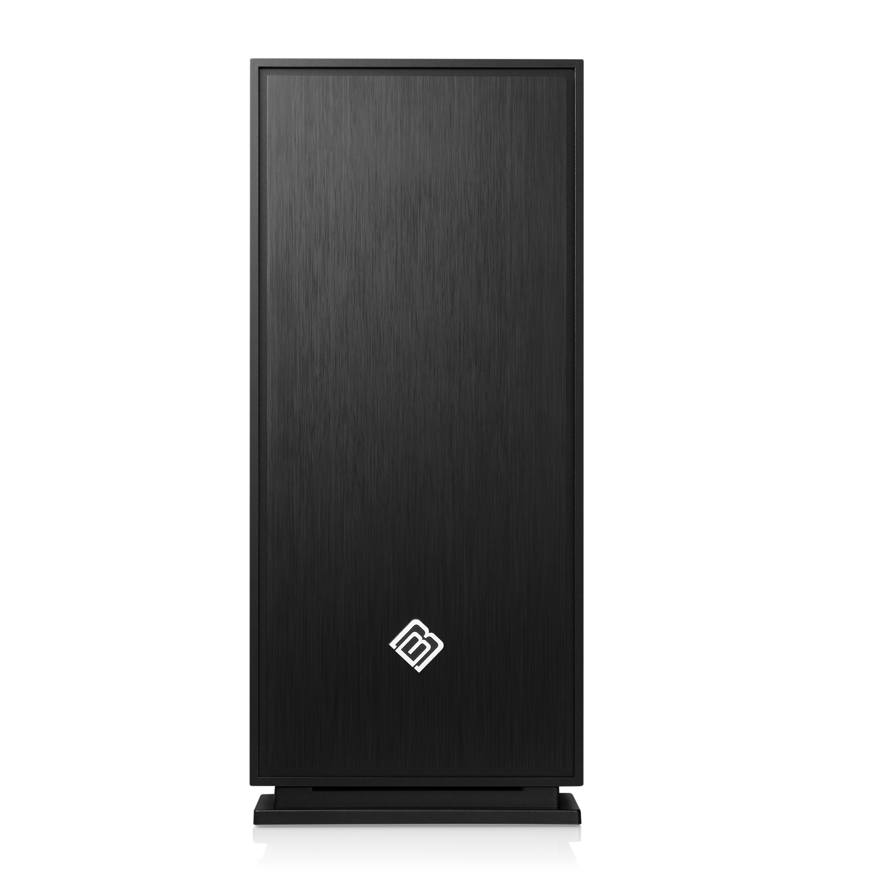 Schwarzes Computergehäuse mit weißem Logo, vor weißem Hintergrund.