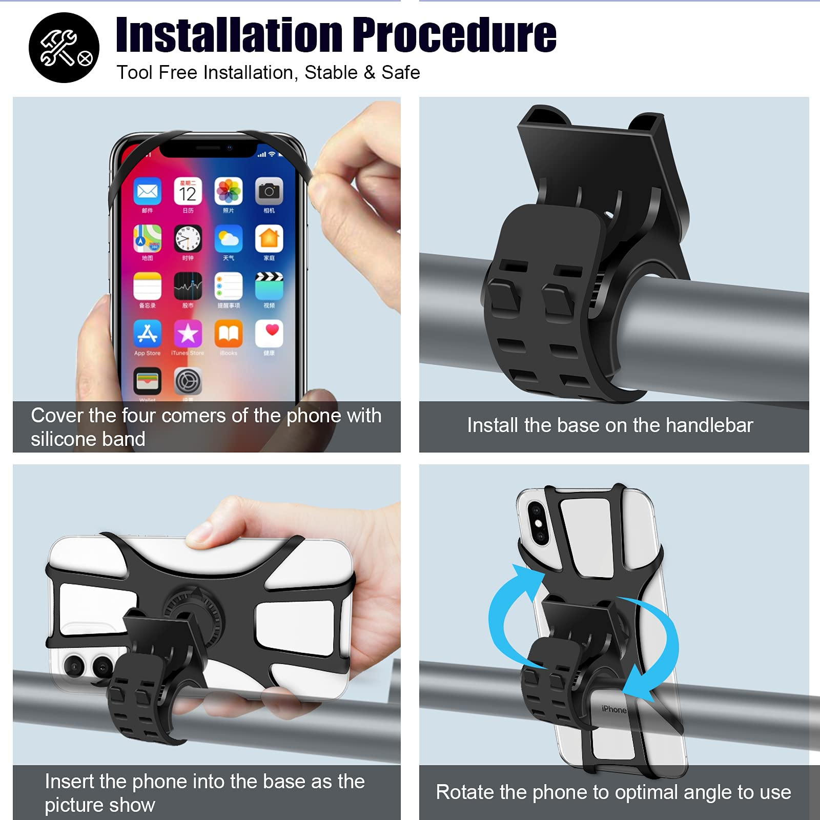 Installationsschritte für eine Telefonhalterung am Fahrradlenker. Installation von Telefon und Halterung.