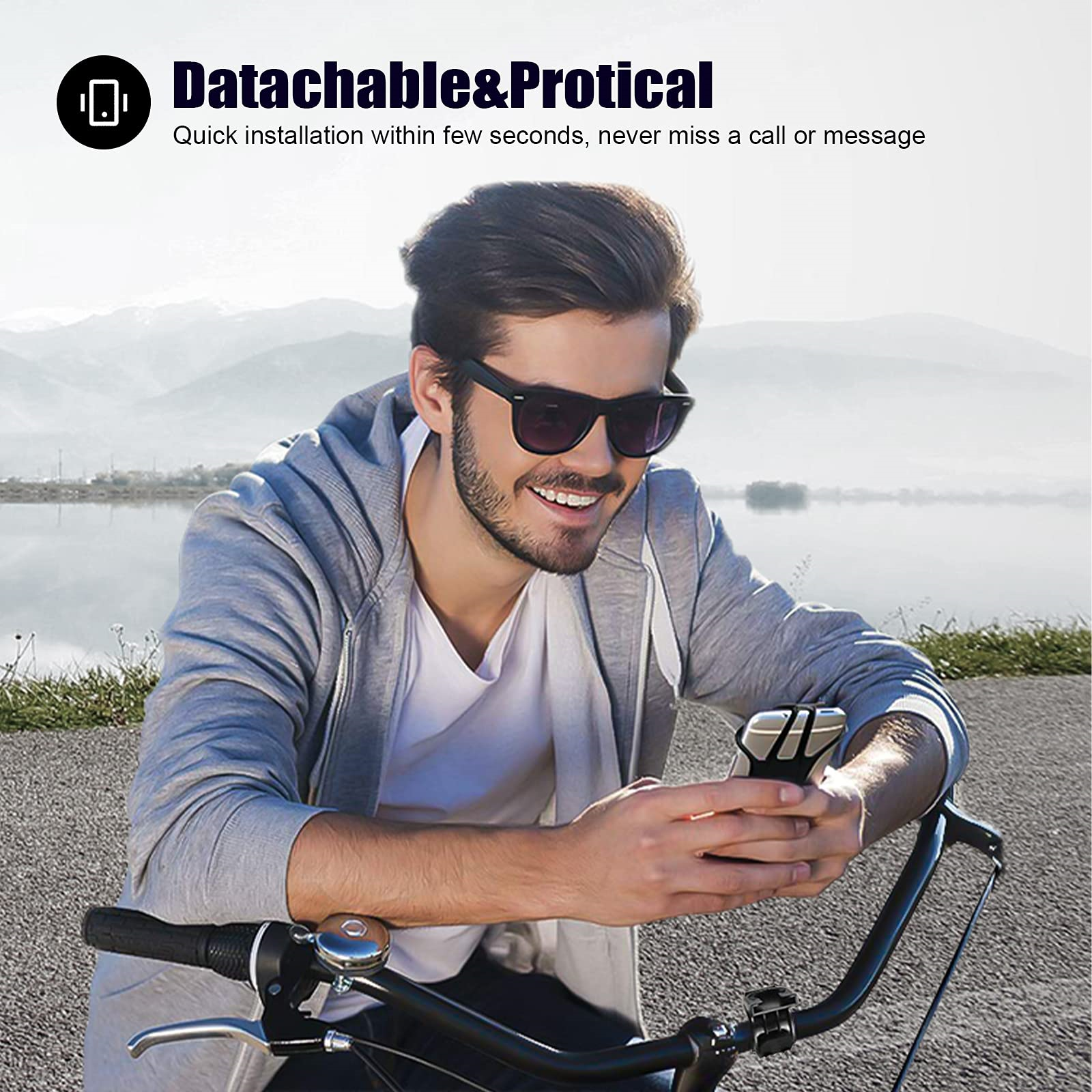 Ein Mann auf einem Fahrrad, der ein Smartphone benutzt. Er trägt eine Sonnenbrille.