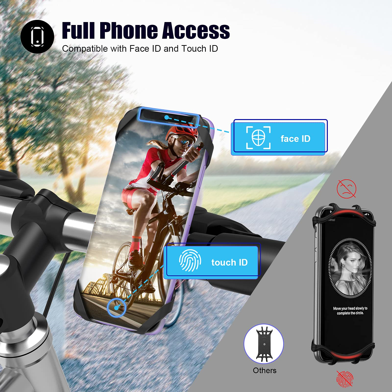 Ein Telefon, das an einem Fahrradlenker montiert ist, mit Touch-ID- und Face-ID-Funktionen.