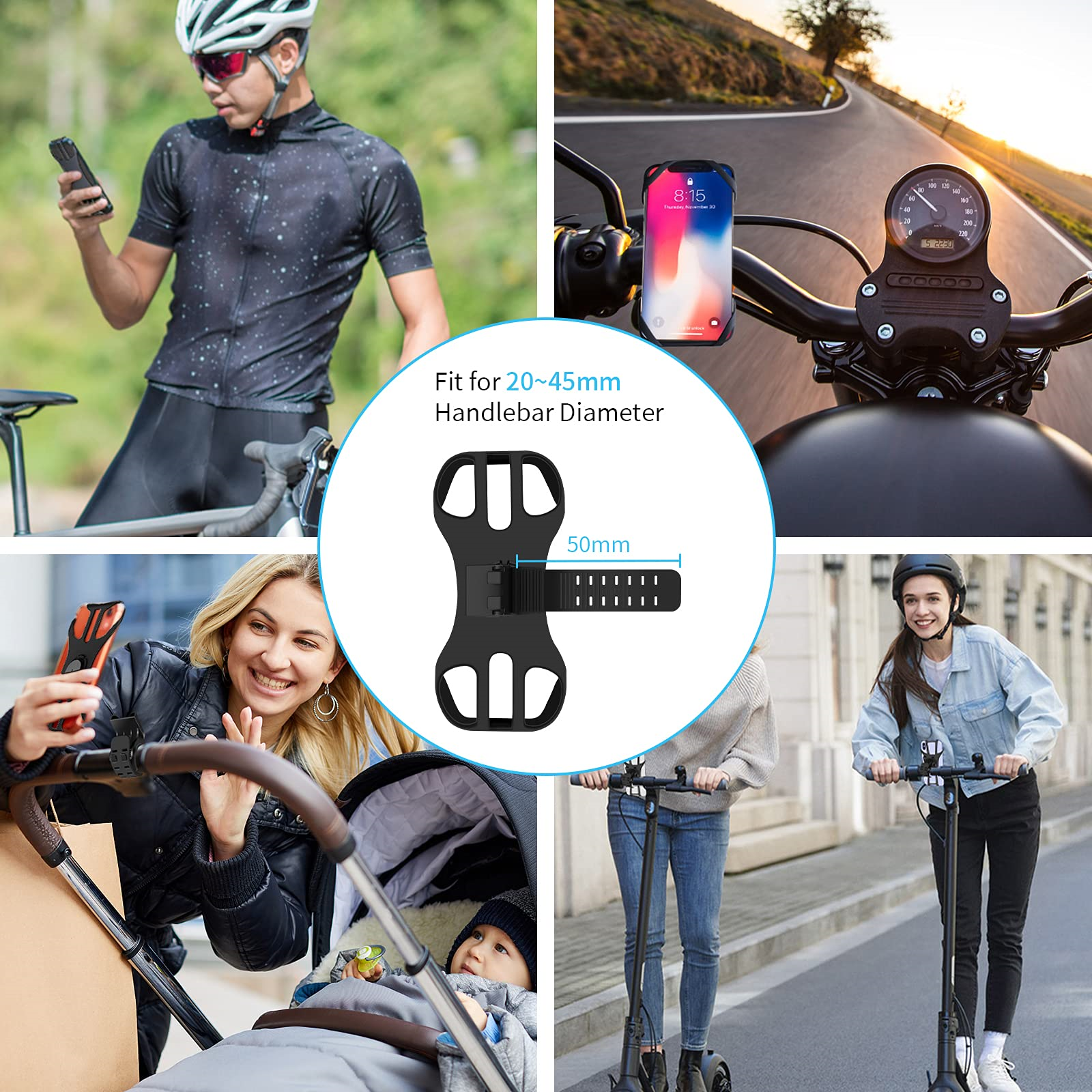 Bilder von Telefonhalterungen an Fahrrad, Roller, Kinderwagen und Person mit Helm.