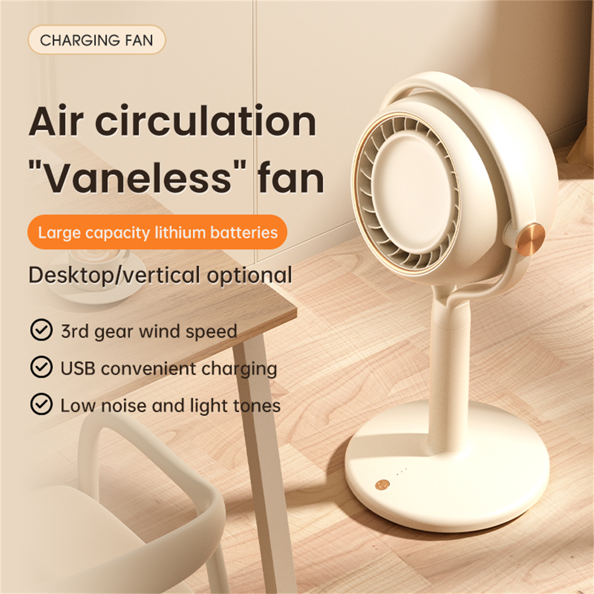 Ein weißer Ventilator mit geschwungenem Design, der auf einem Holztisch steht.