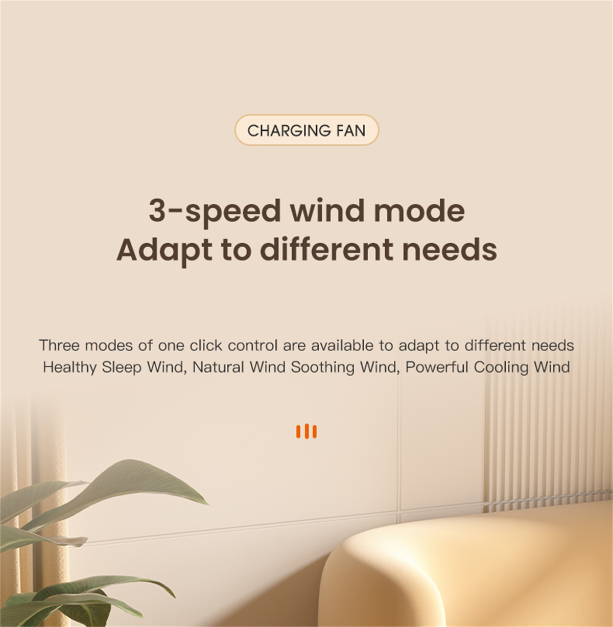 Bild eines aufladbaren Ventilators mit Text, 3-Gang-Windmodus, an verschiedene Bedürfnisse anpassen.