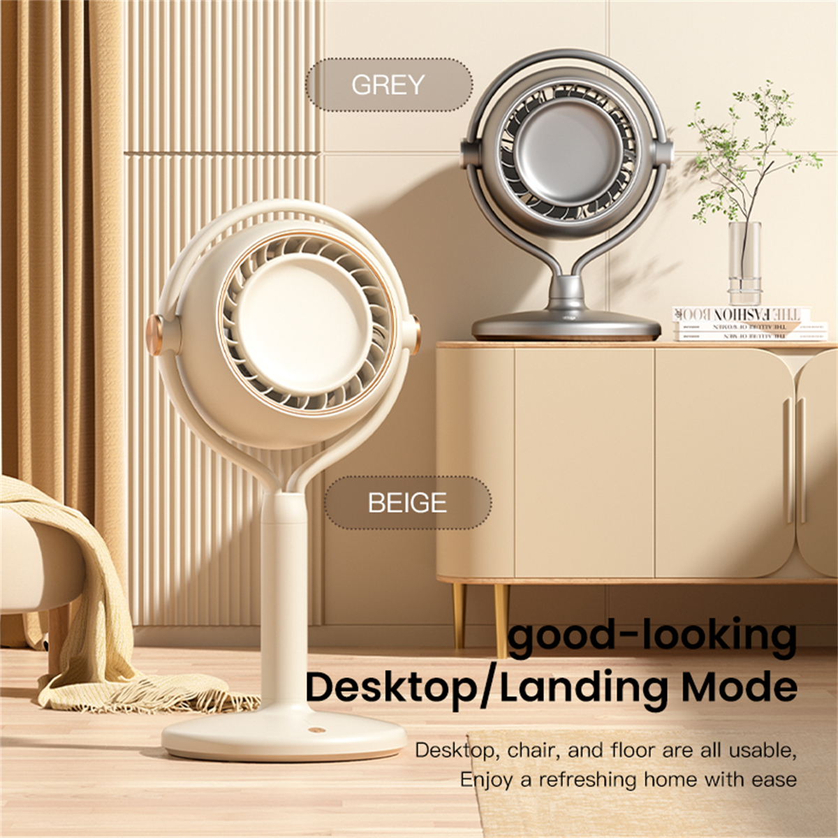 Zwei Ventilatoren, beige und grau, präsentiert mit Text 'good-looking Desktop/Landing Mode'.