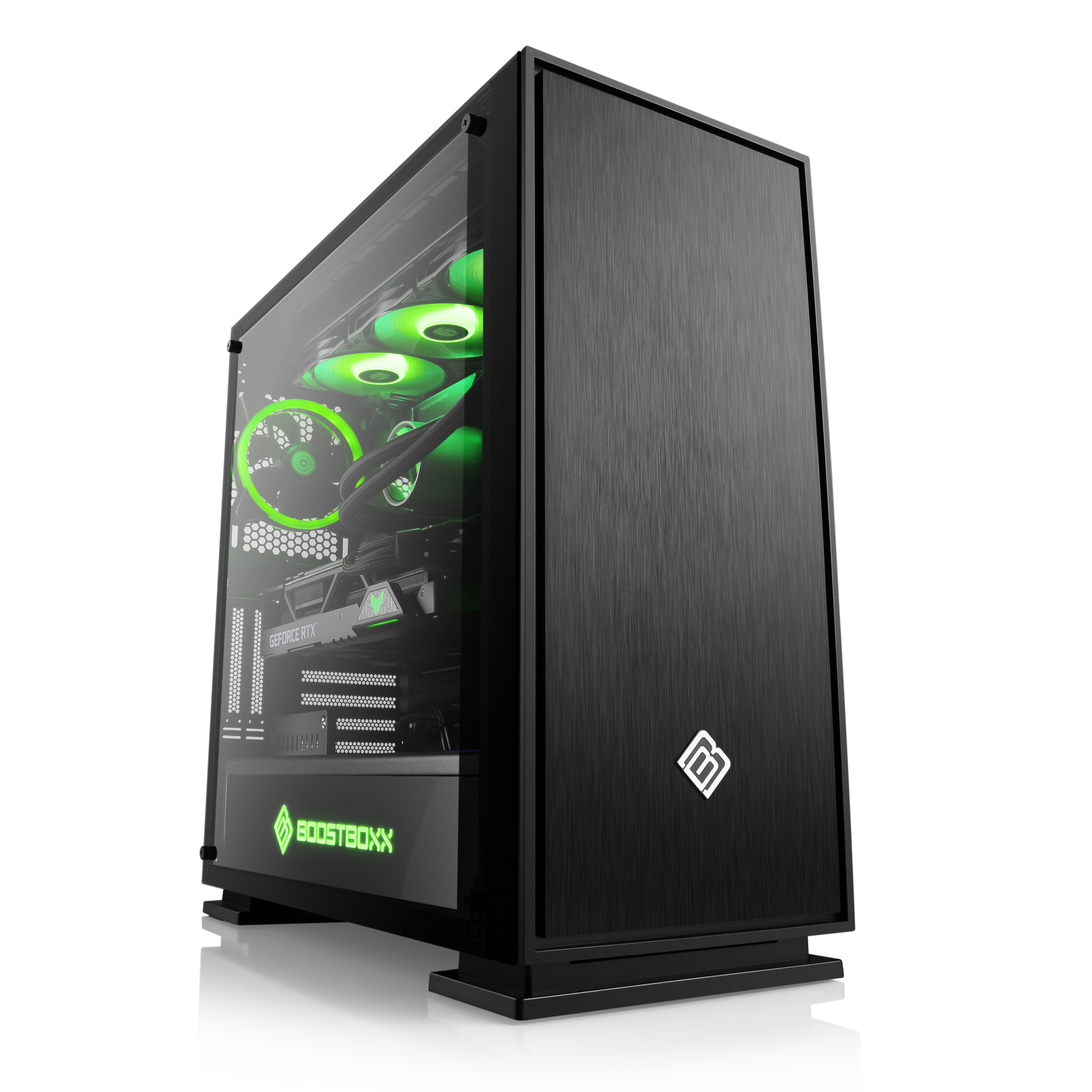 Schwarzes PC-Gaming-Gehäuse mit grünen Lichtern. Glas-Seitenwand. Weißer Hintergrund.