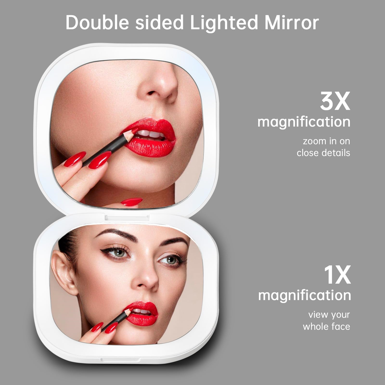 Doppelseitiger Leuchtspiegel mit 3x und 1x Vergrößerung. Eine Frau trägt Lippenstift im Spiegel auf.