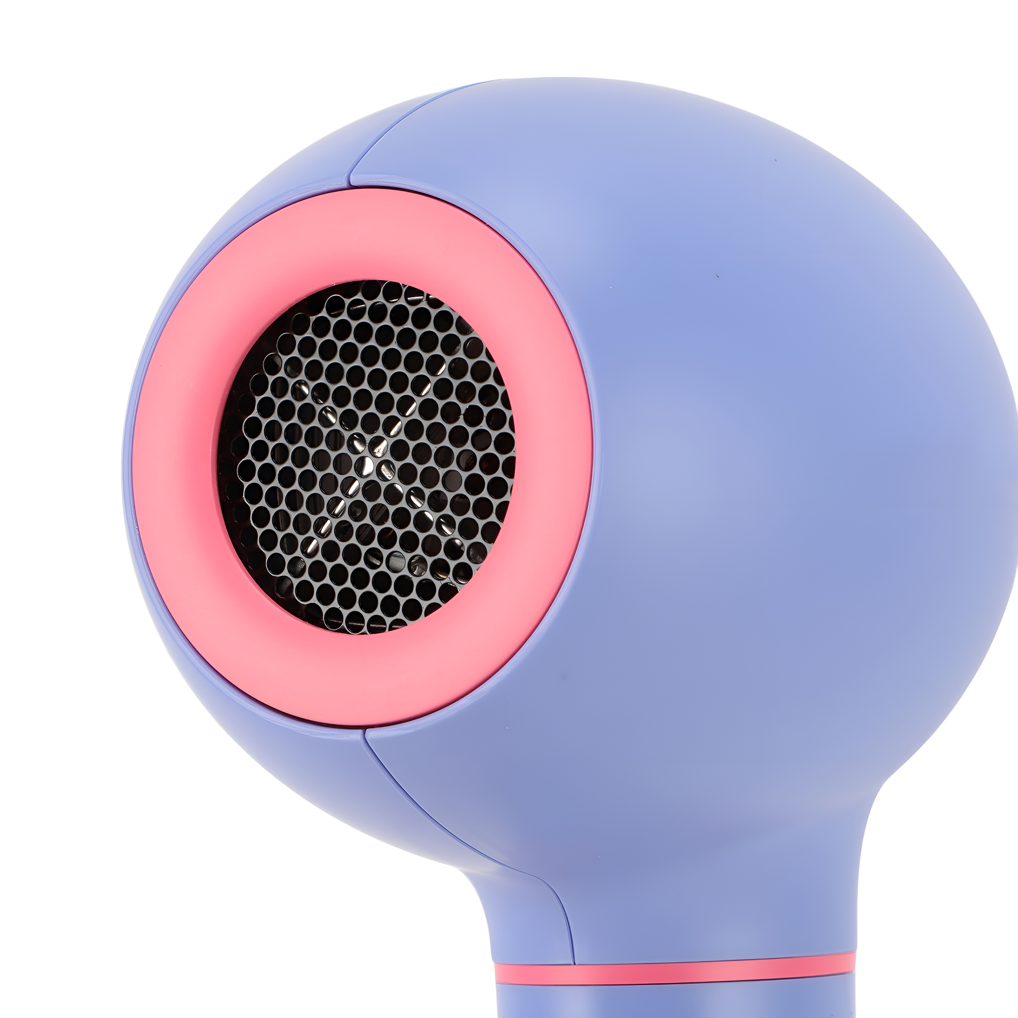 Nahaufnahme eines blau-rosa Haartrockners. Der Luftauslass hat ein schwarzes Netz.