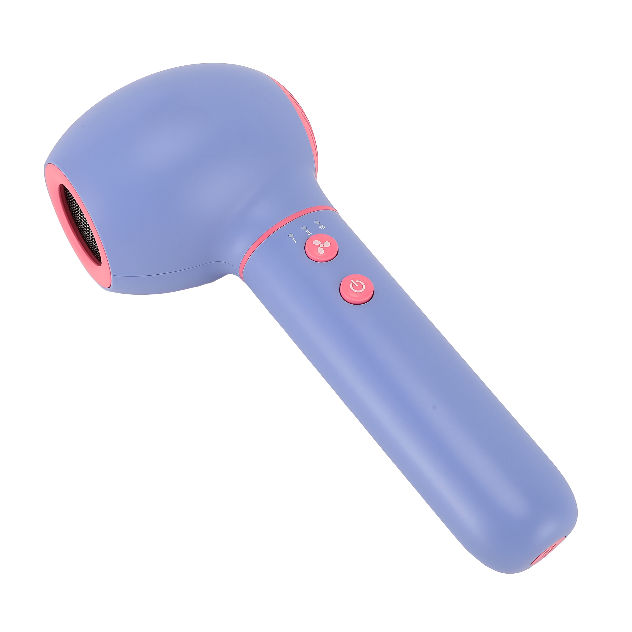 Blau-rosa Haartrockner mit zwei Knöpfen und Griff auf weißer Oberfläche.