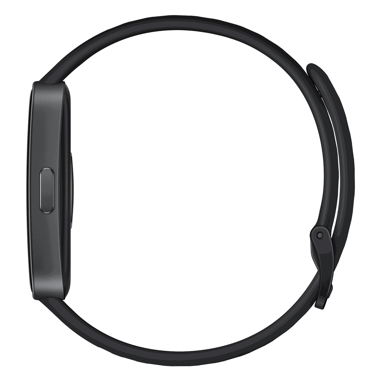 Reloj inteligente negro con correa negra. La vista lateral muestra un botón y una pantalla.