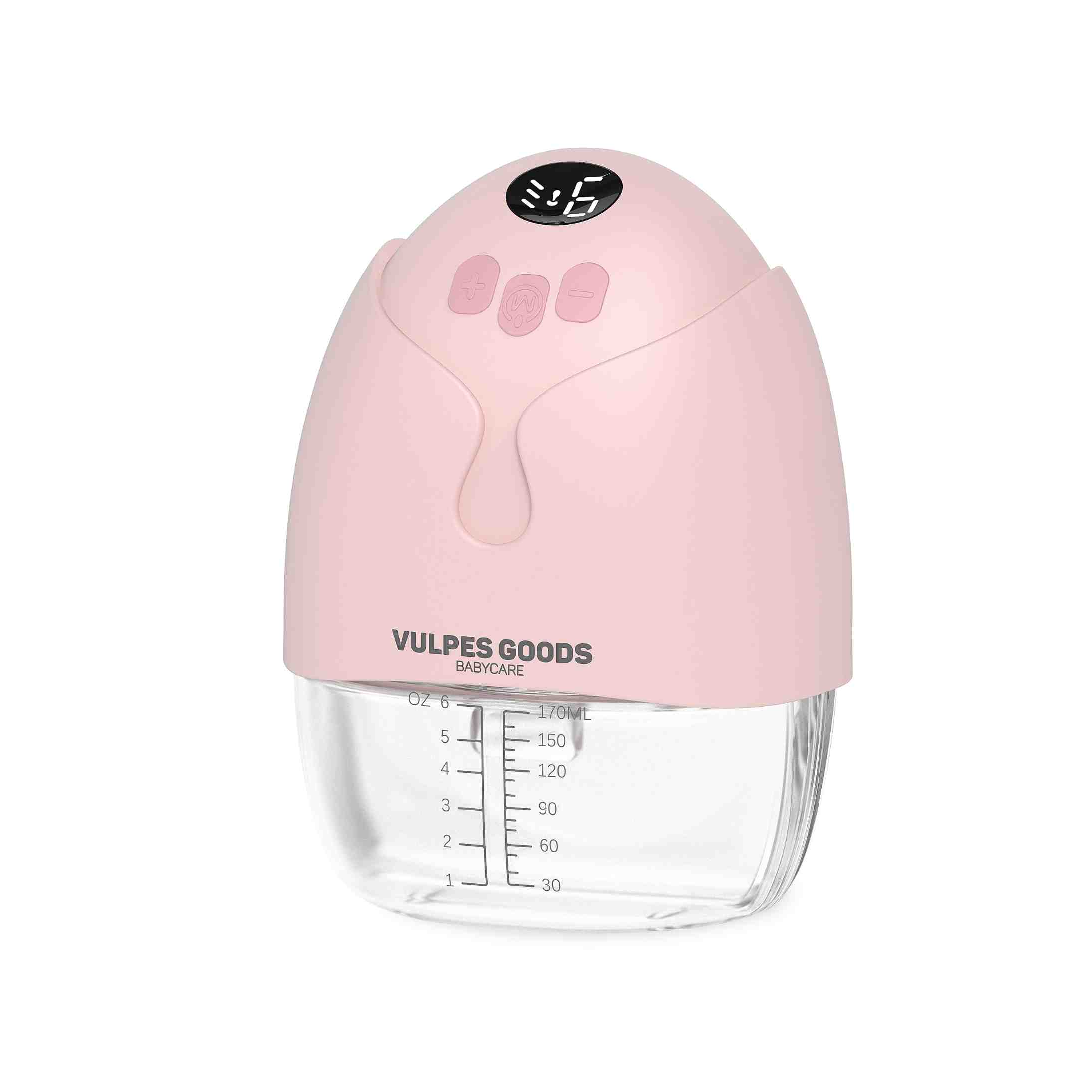 Roze borstkolf met digitaal display en doorzichtige fles. Witte achtergrond.