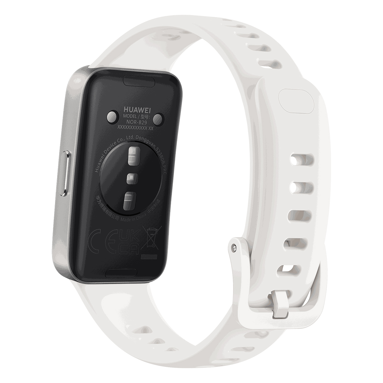 Weiße Smartwatch mit weißem Armband. Die Rückseite der Uhr ist nach oben gerichtet.