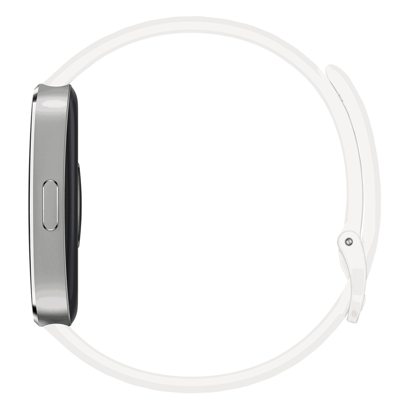 Eine Seitenansicht einer weißen Smartwatch mit weißem Armband, die den Knopf und das geschwungene Design zeigt.