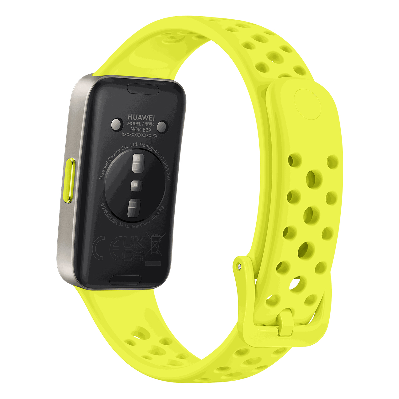 Ein gelbes Smartwatch-Armband mit schwarzem Bildschirm, zeigt die Rückseite der Uhr.