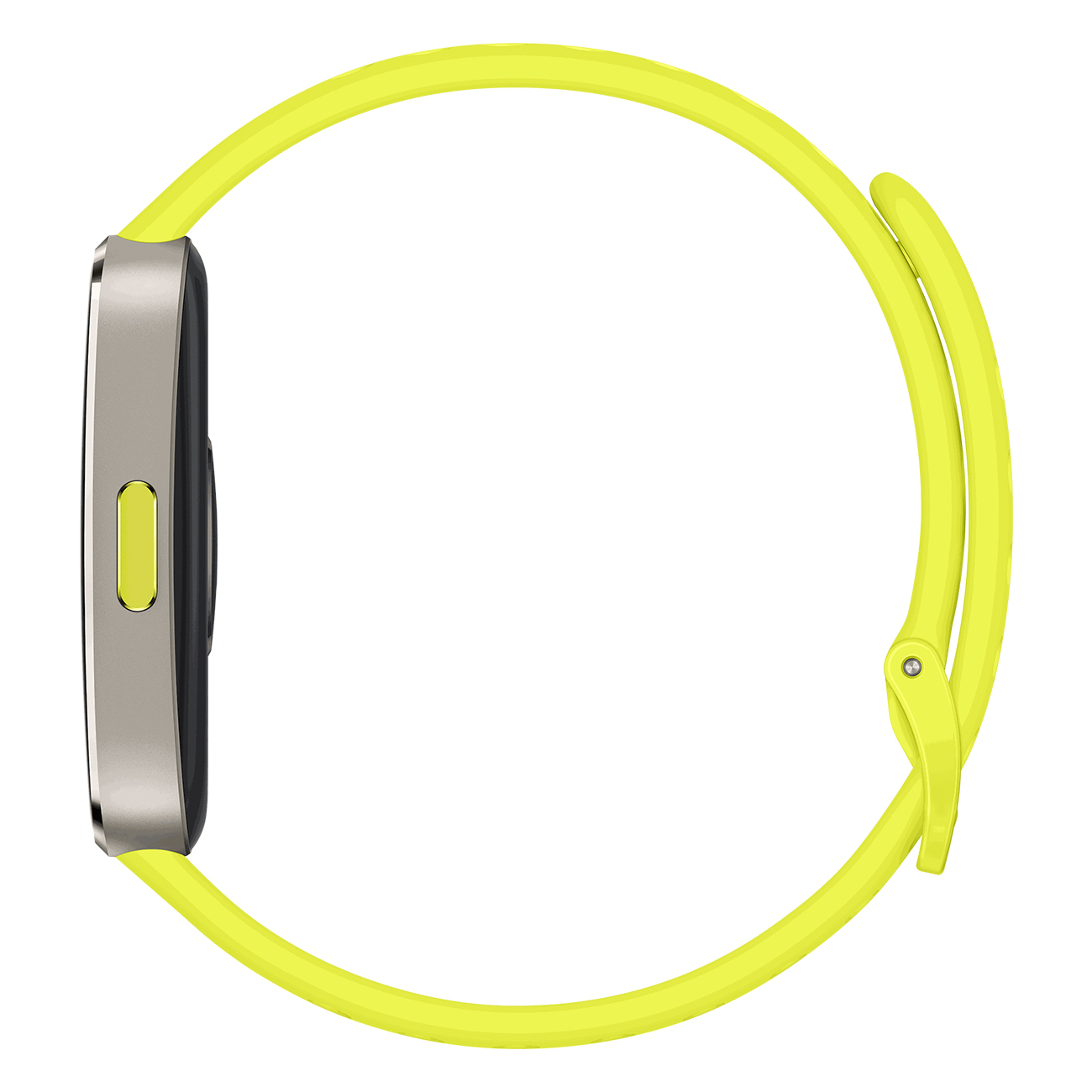 Smartwatch mit gelbem Armband. Die Uhr ist silberfarben und hat einen rechteckigen Bildschirm.