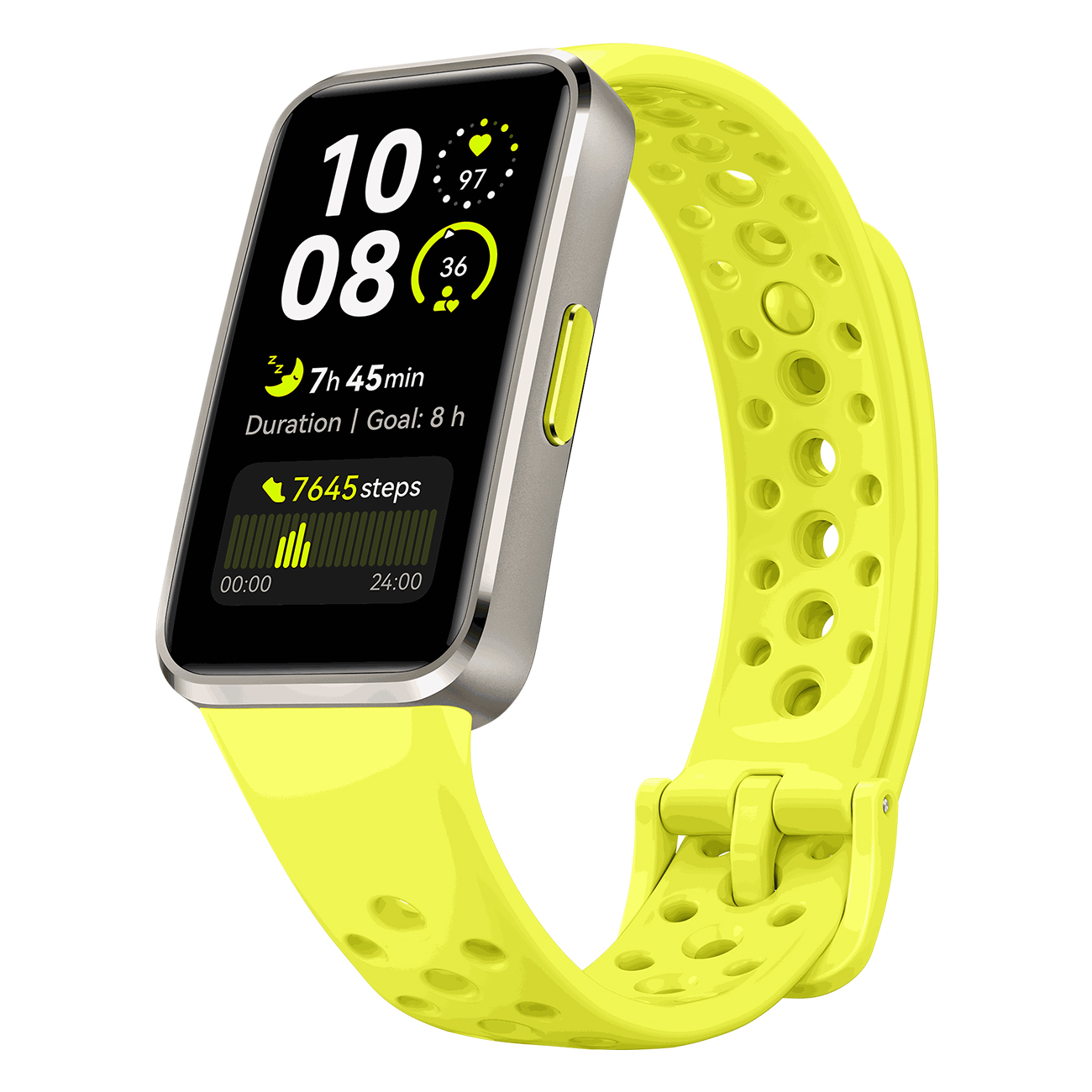 Smartwatch mit gelbem Armband, zeigt Zeit und Schritte an.