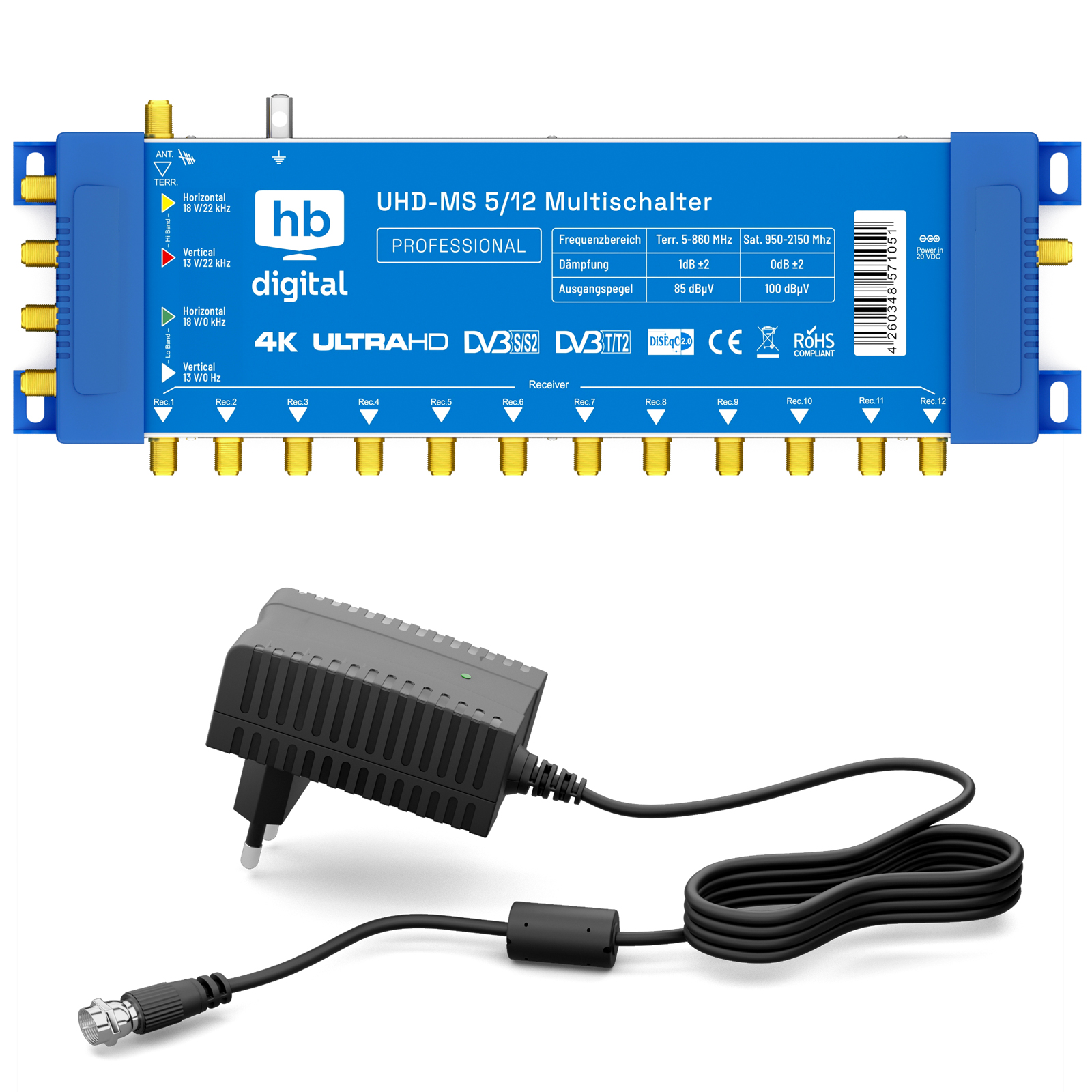 Ein blaues Multi-Switch-Gerät mit mehreren Anschlüssen und einem Netzteil.