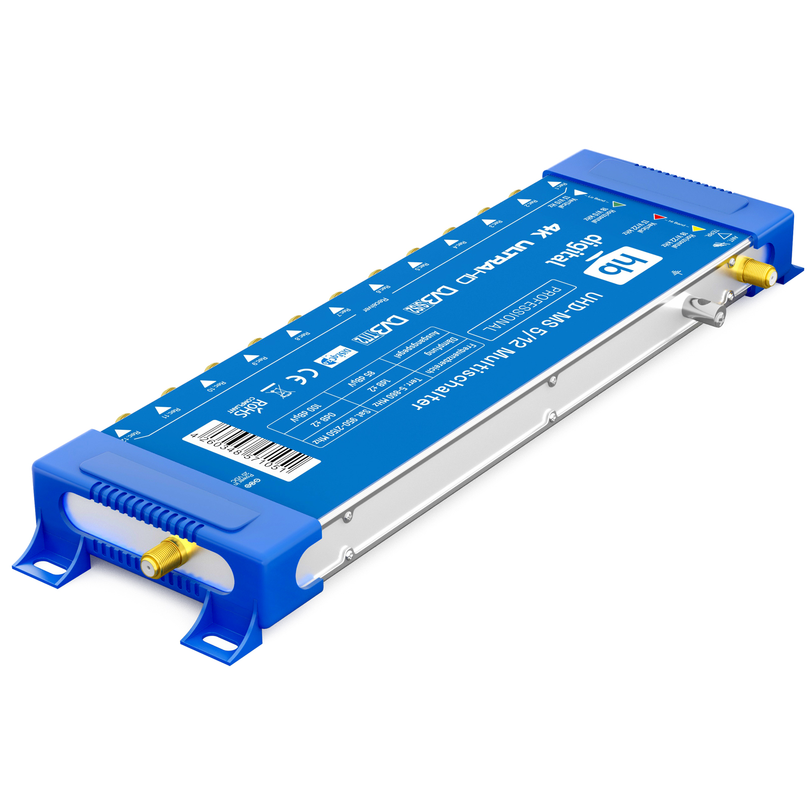 Ein blaues digitales Gerät mit Anschlüssen und einem Etikett auf weißem Untergrund.
