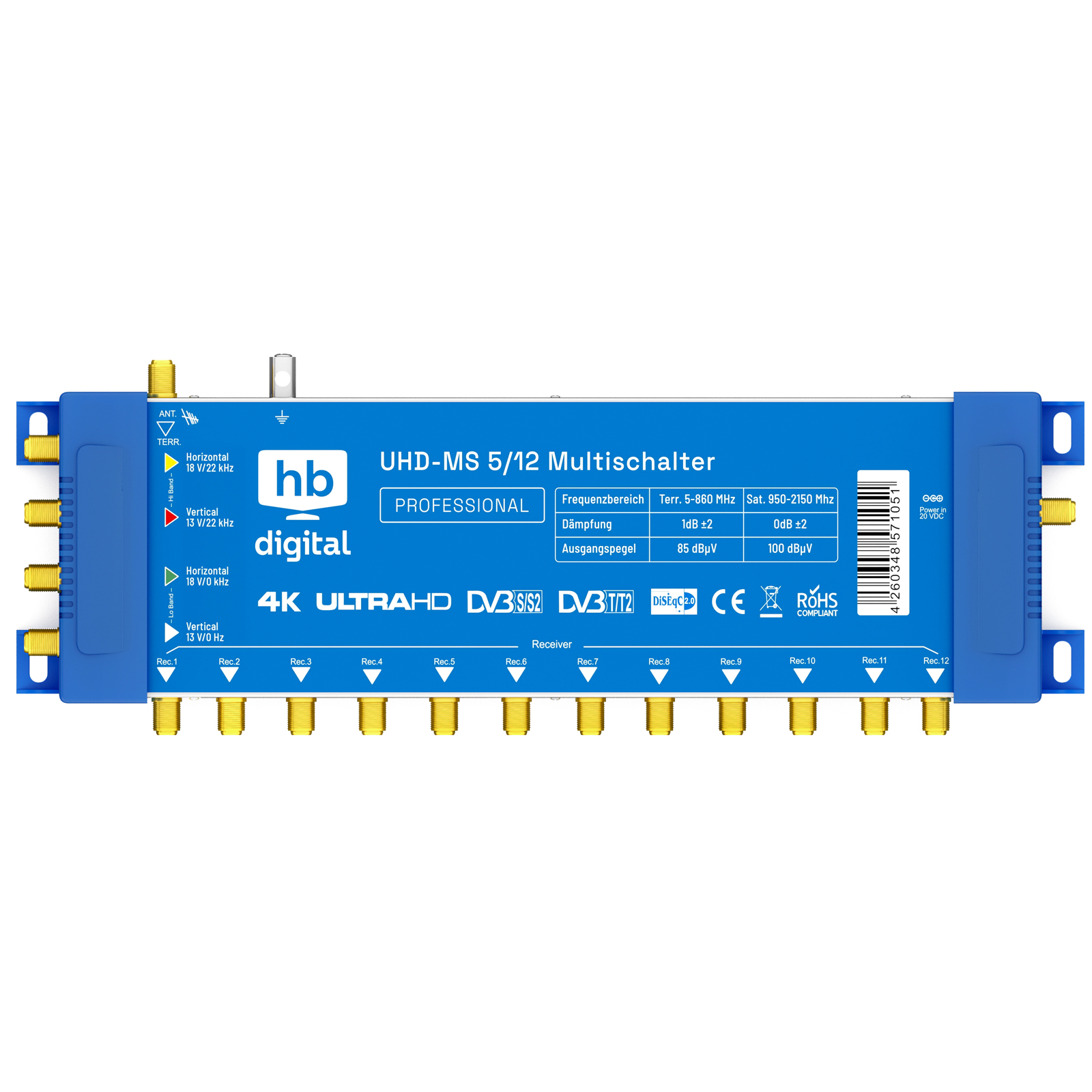 Blaues elektronisches Gerät mit Ein-/Ausgangsporten. Aufschrift: 'UHD-MS 5/12 Multiswitcher'.