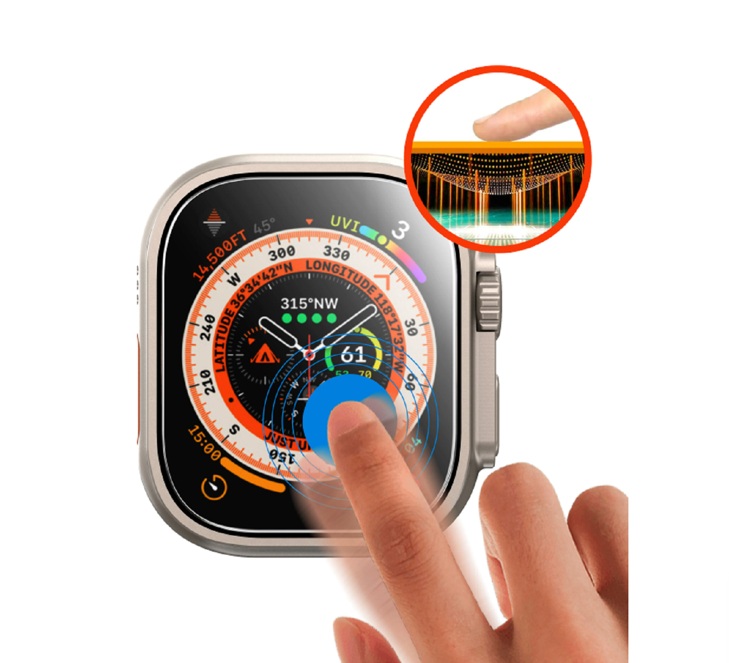 Ein Finger berührt den Bildschirm einer Smartwatch, der einen Kompass anzeigt.