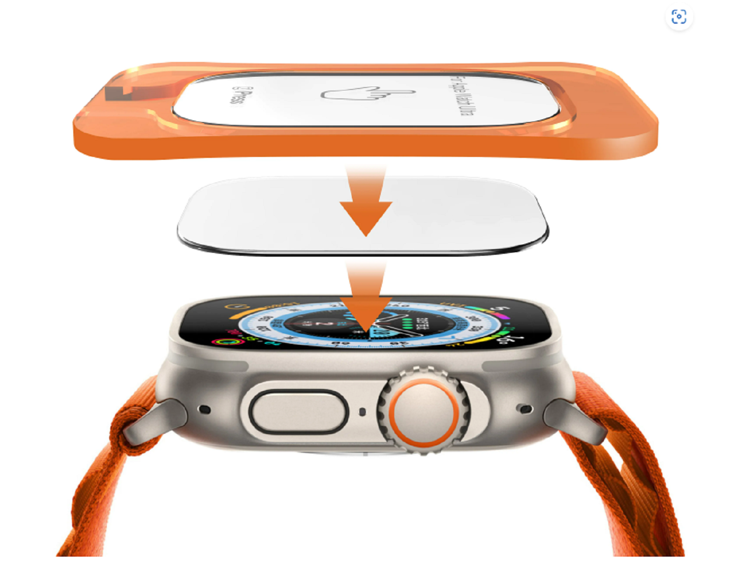 Eine Apple Watch mit aufgebrachter Displayschutzfolie und orangefarbenem Armband.