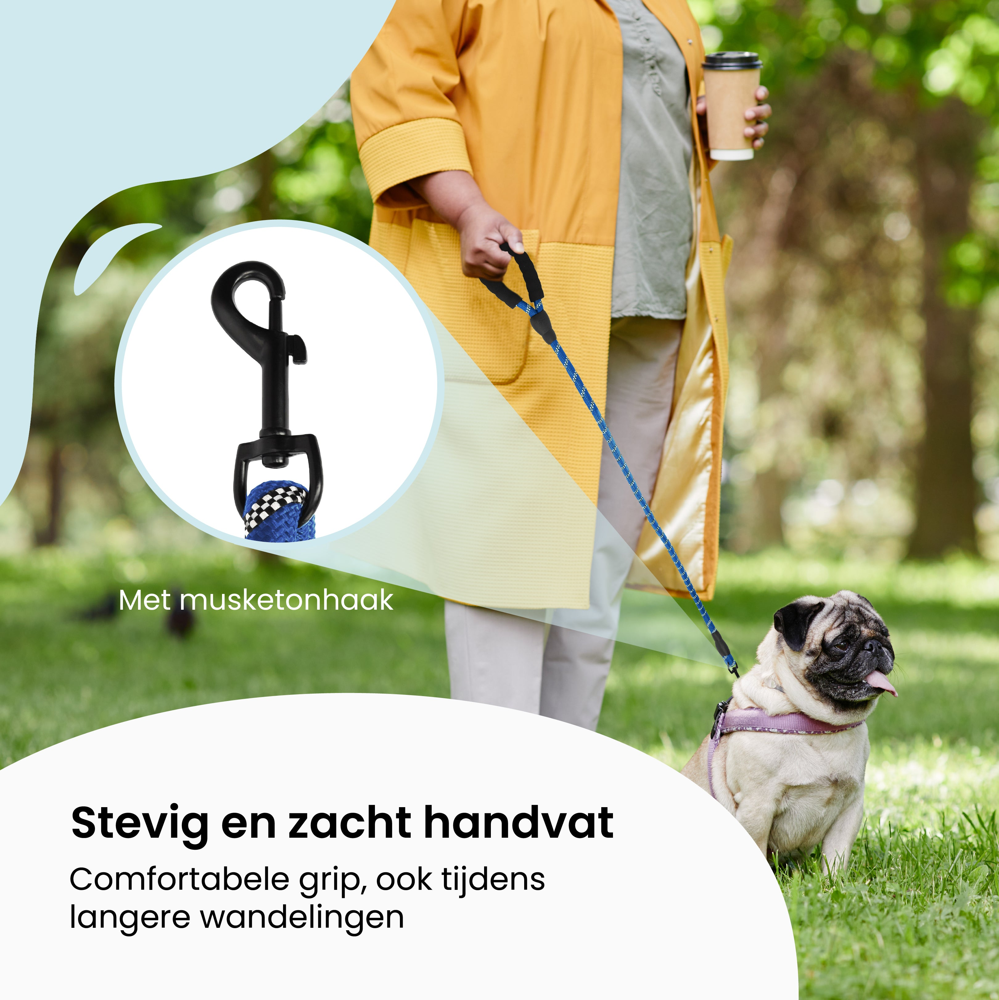 Person walking dog on leash. Pug dog on grass. Leash detail and text in the image.
