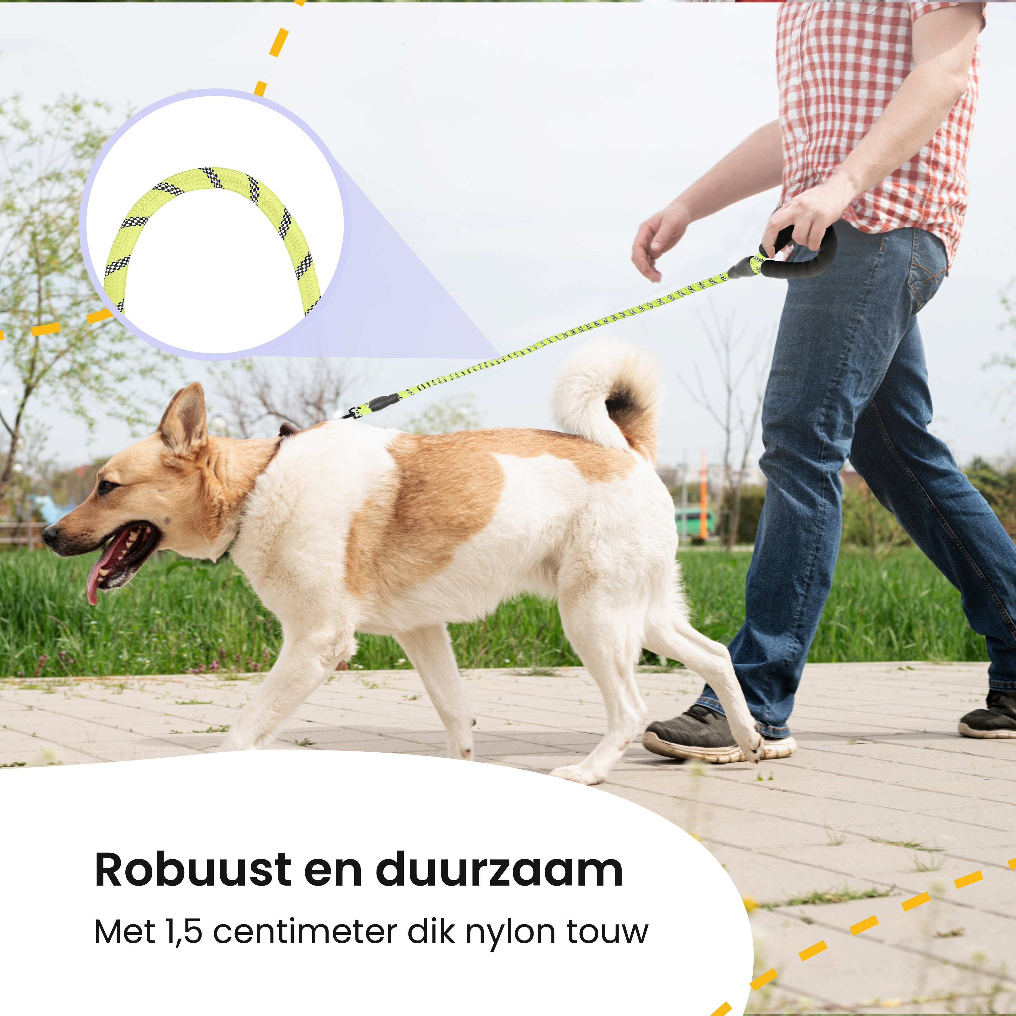 Man walking dog on a leash. Yellow and black rope leash with a dog walking to the left.