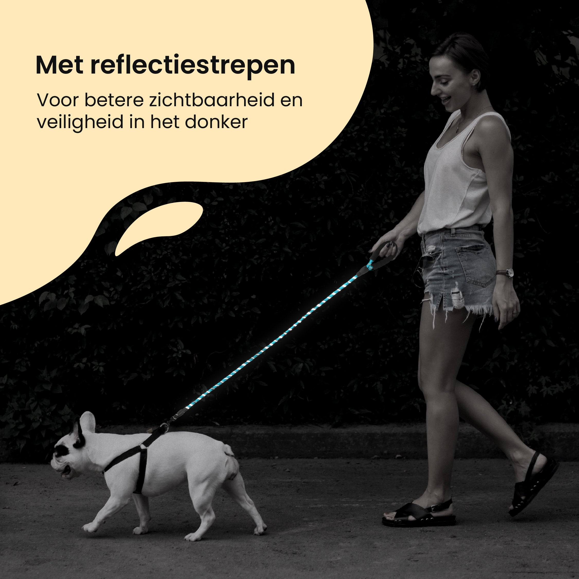 Woman walking a dog at night with a glowing leash; dark background.