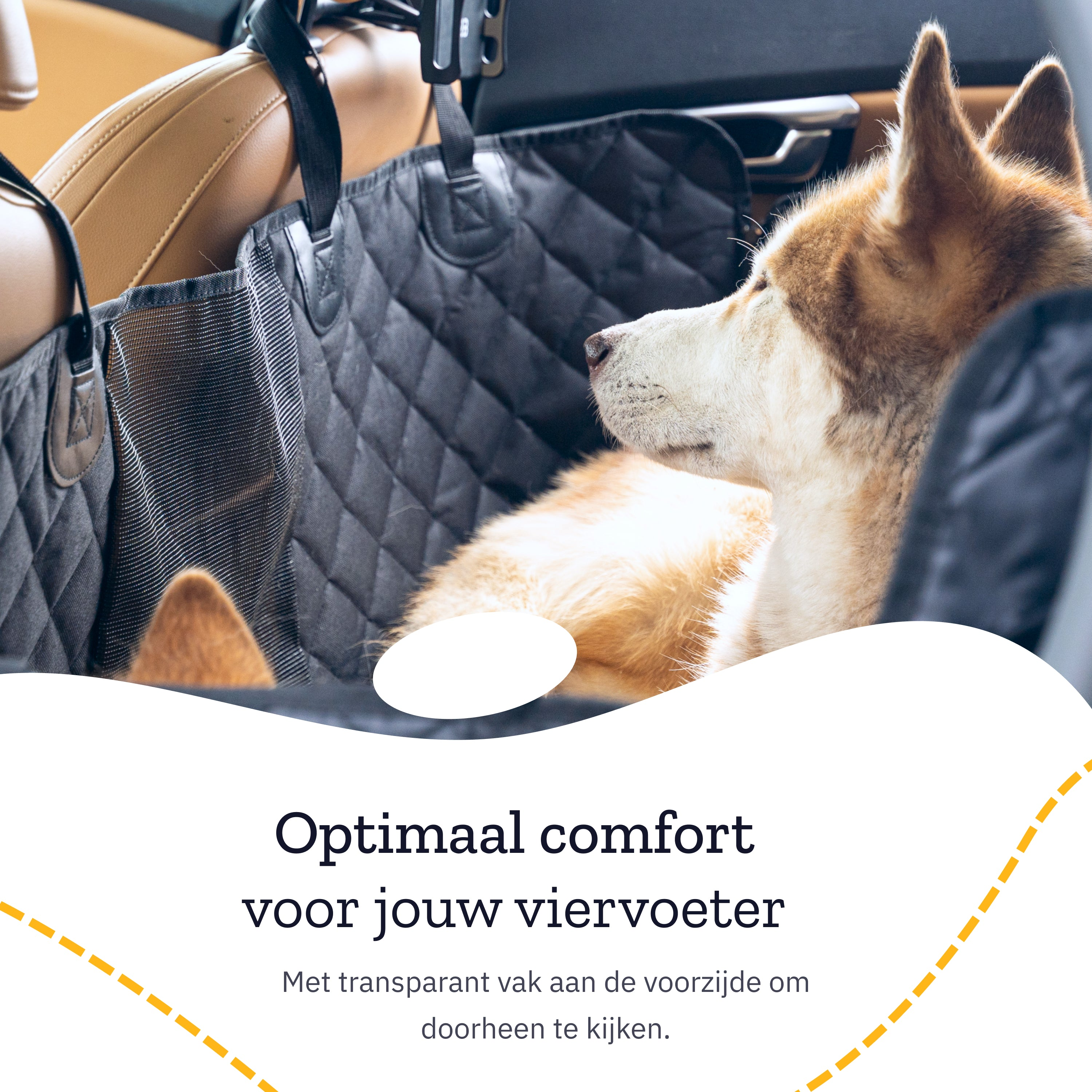 Un chien assis dans un siège de voiture. Le texte dit « Confort optimal pour votre ami à quatre pattes ».