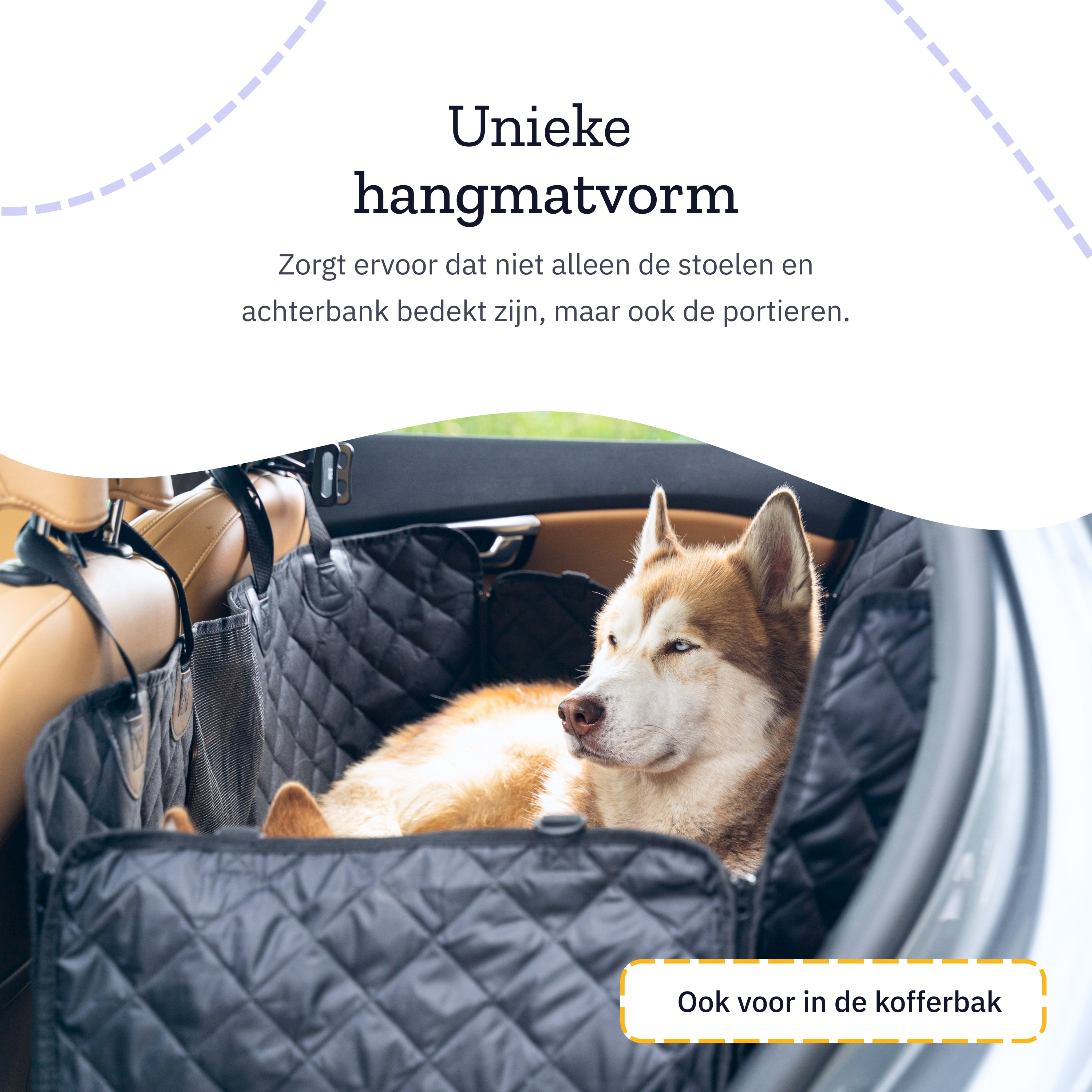 Un chien dans une voiture, avec une housse noire sur le siège. Il y a du texte en néerlandais.